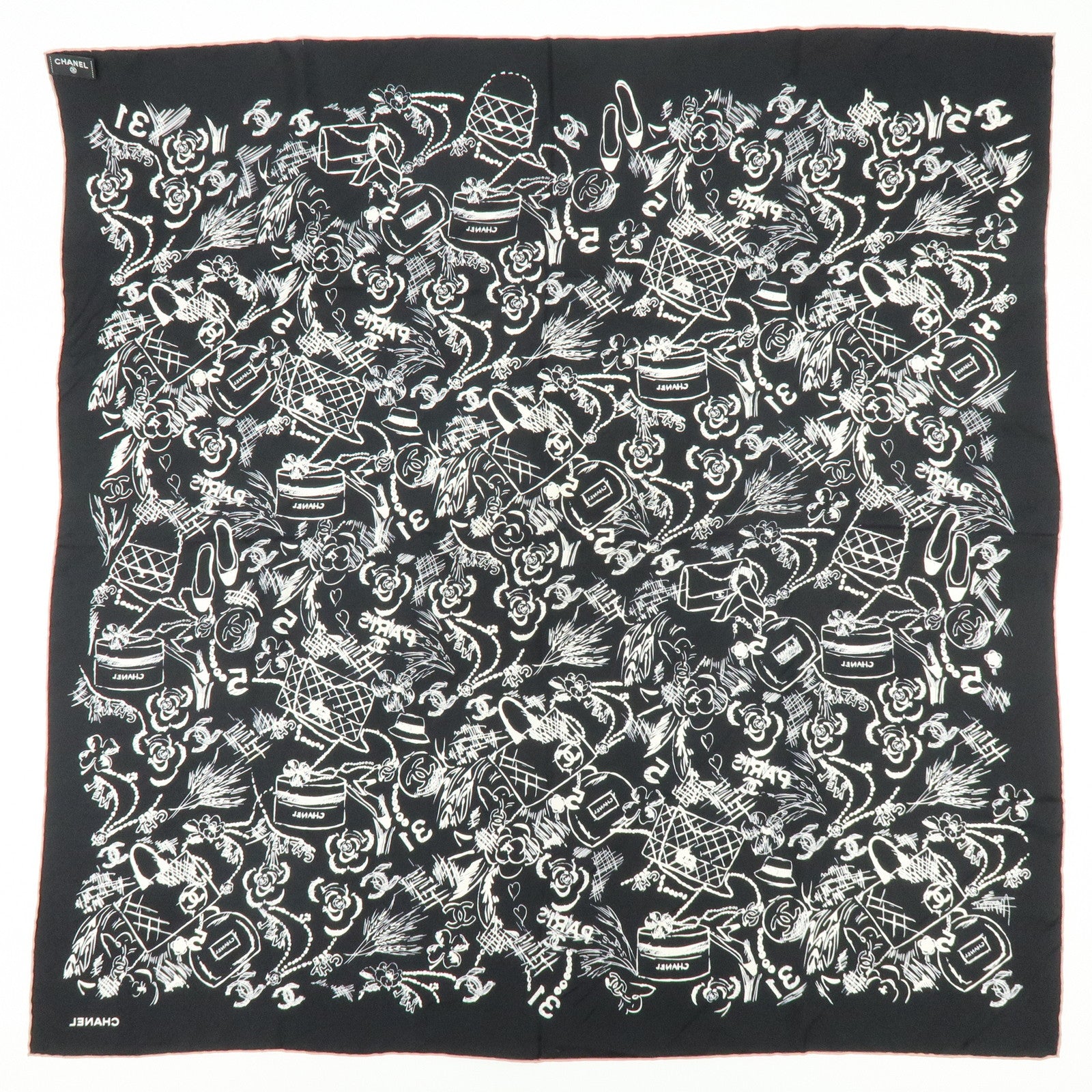 CHANEL Silk 100% Scarf Iconographic Pattern Black White Pink