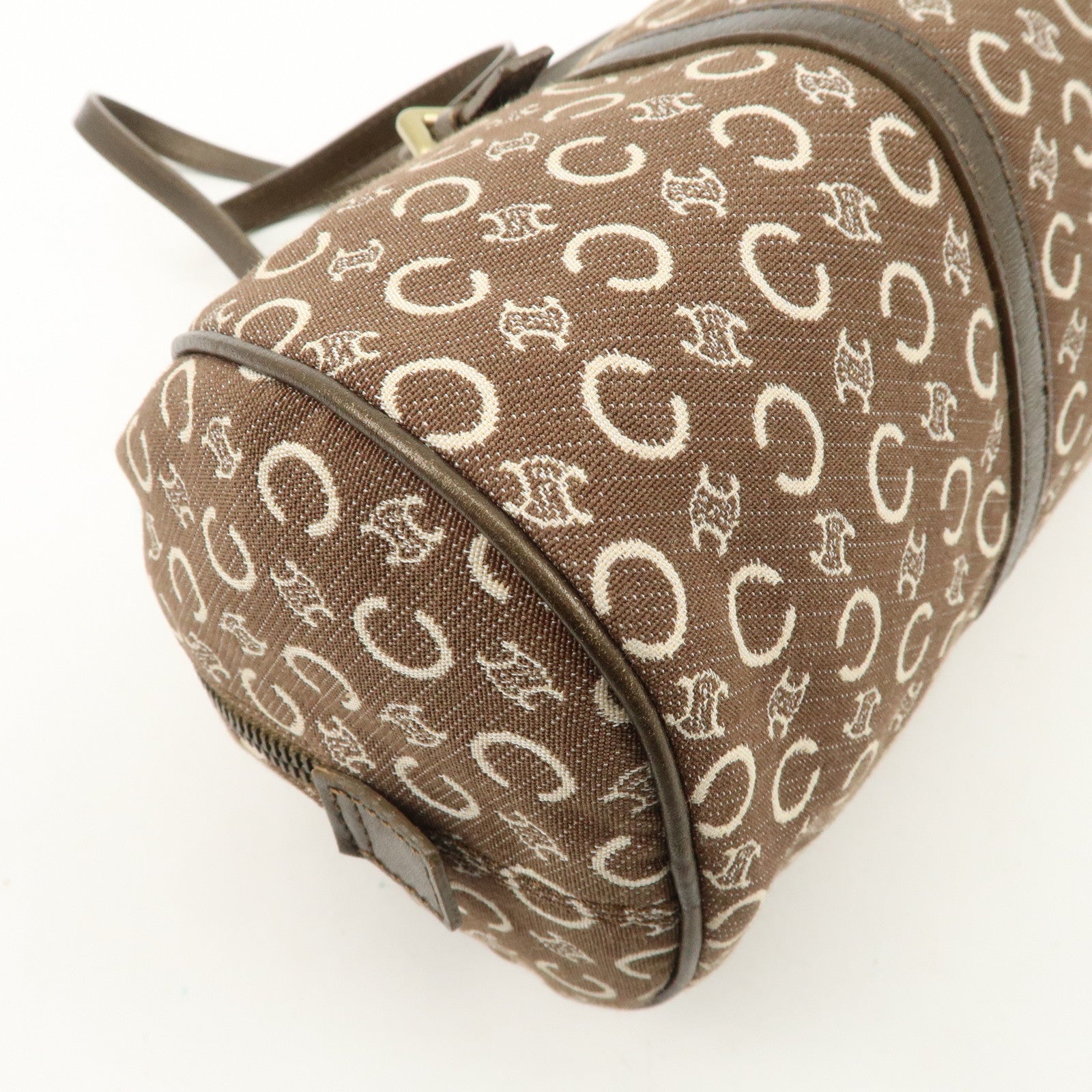CELINE C Macadam Canvas Leather Boston Bag Hand Bag Brown White Used