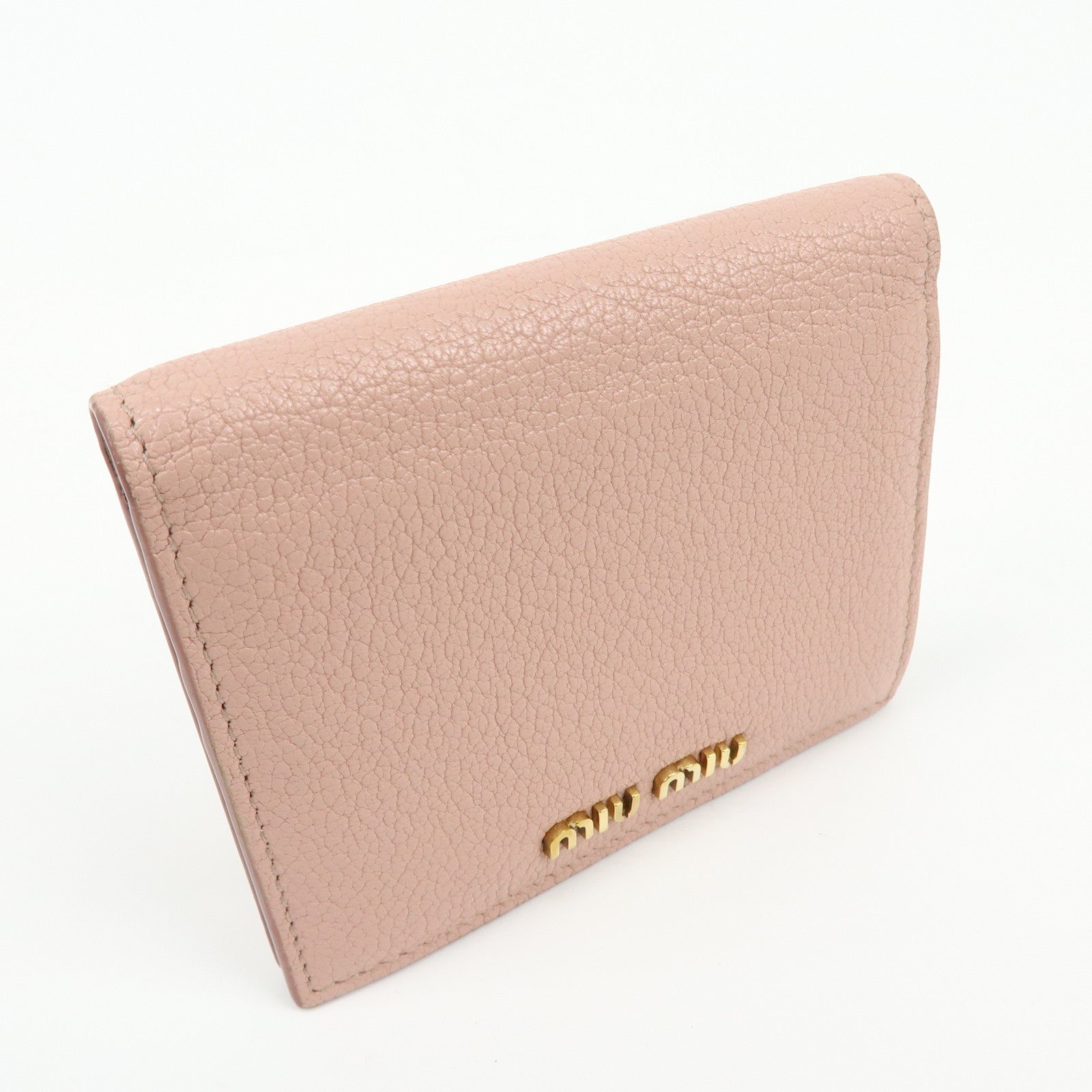MIU MIU Logo Madras Leather Bi-fold Compact Wallet Pink