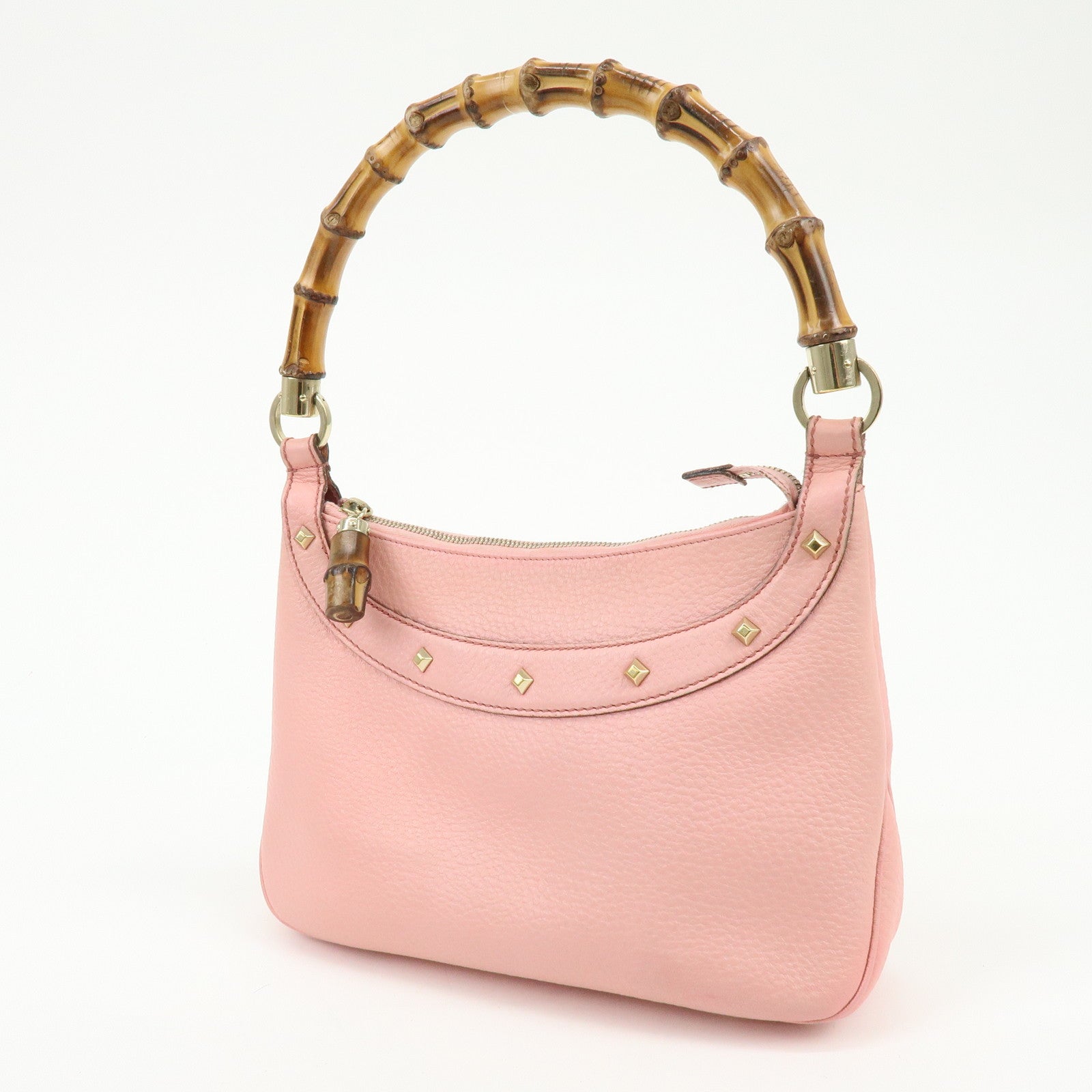 GUCCI Bamboo Leather Hand Bag Shoulder Bag Studs Pink 137378