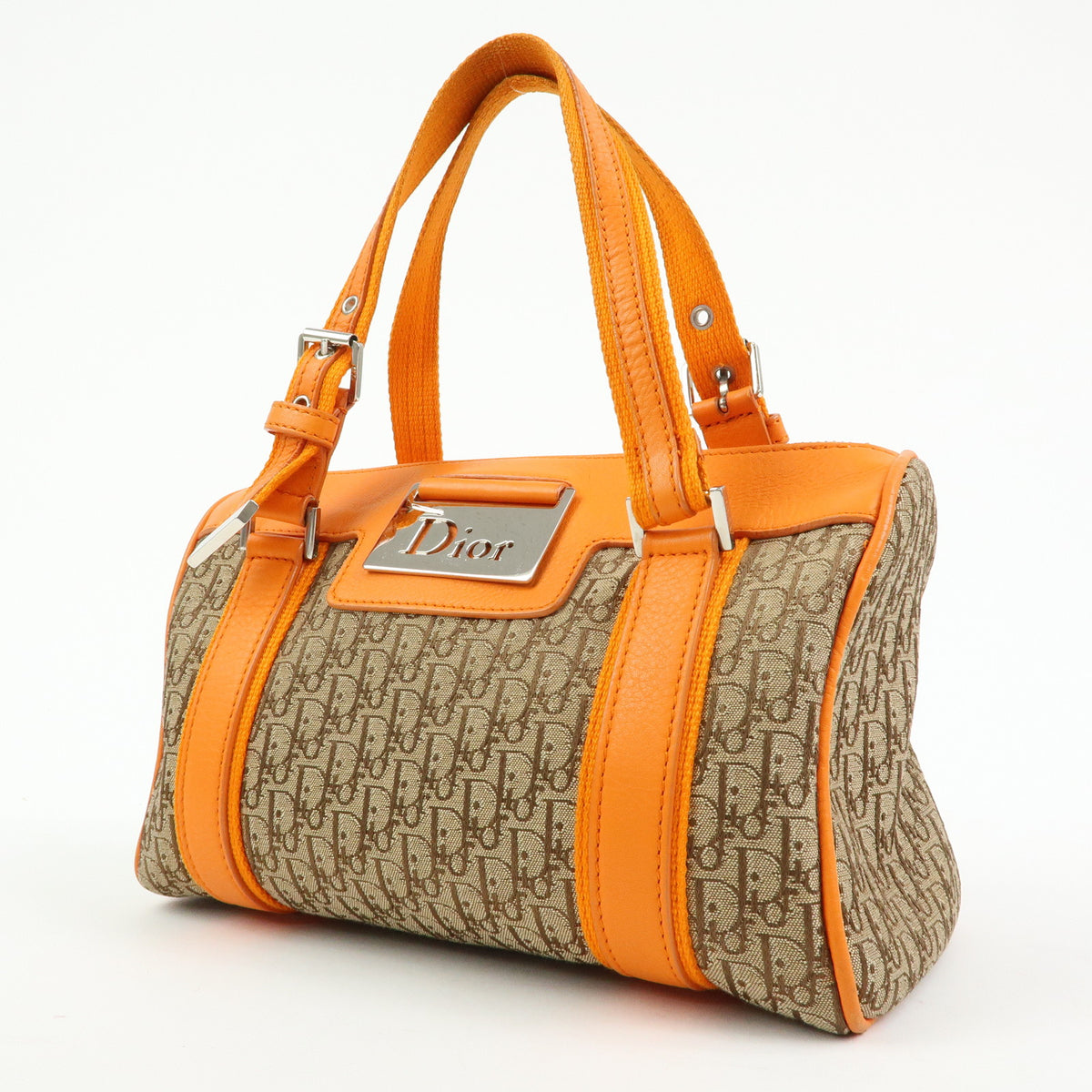 Christian Dior Trotter Jacquard Canvas Leather Hand Bag Beige Orange