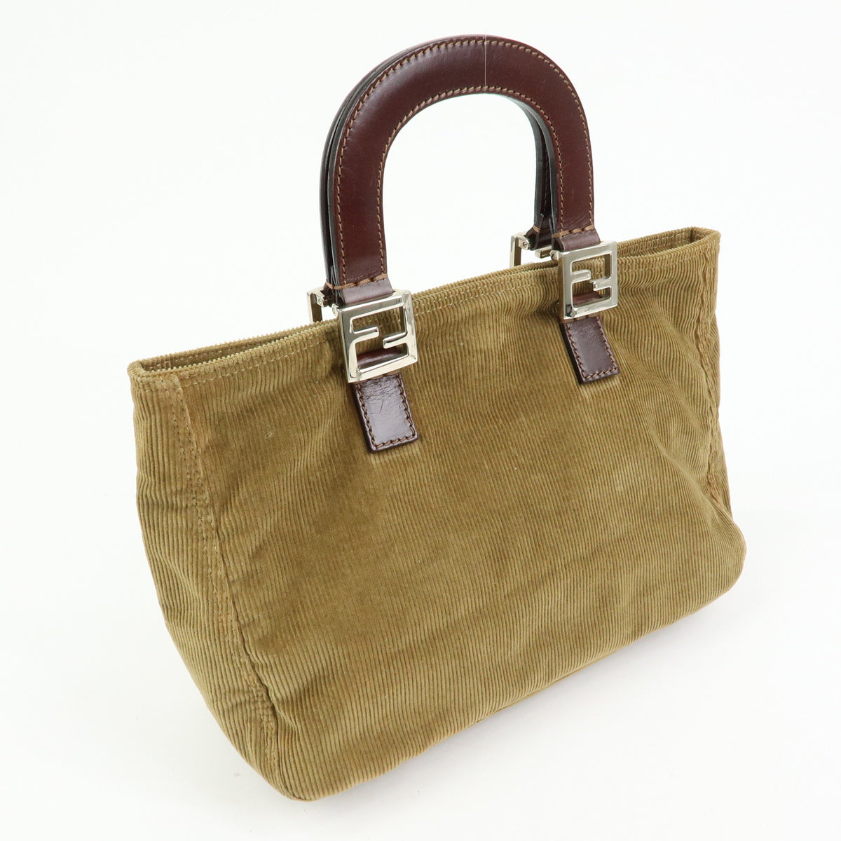 FENDI Corduroy Leather Hand Bag Mini Tote Bag Khaki 26693