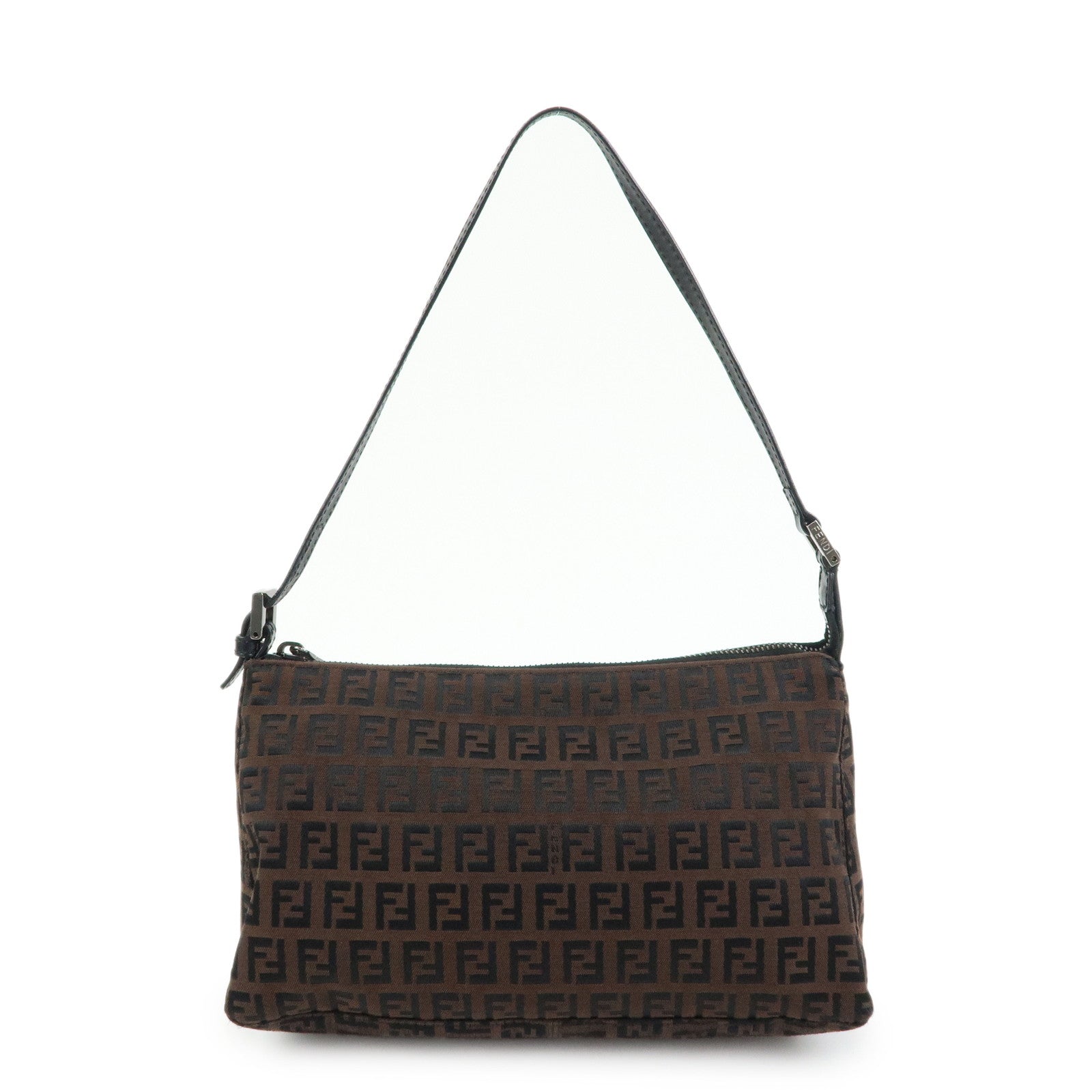FENDI Zucchino Canvas Leather Shoulder Bag Brown Black 8BR267