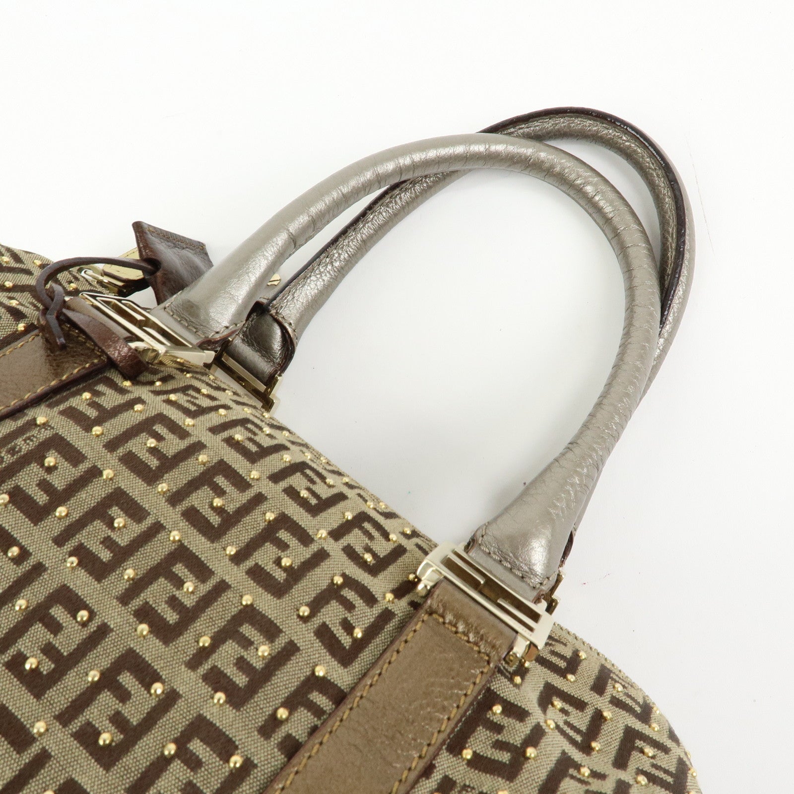 FENDI Zucchino Canvas Leather Boston Bag Hand Bag Beige Gold 8BL068