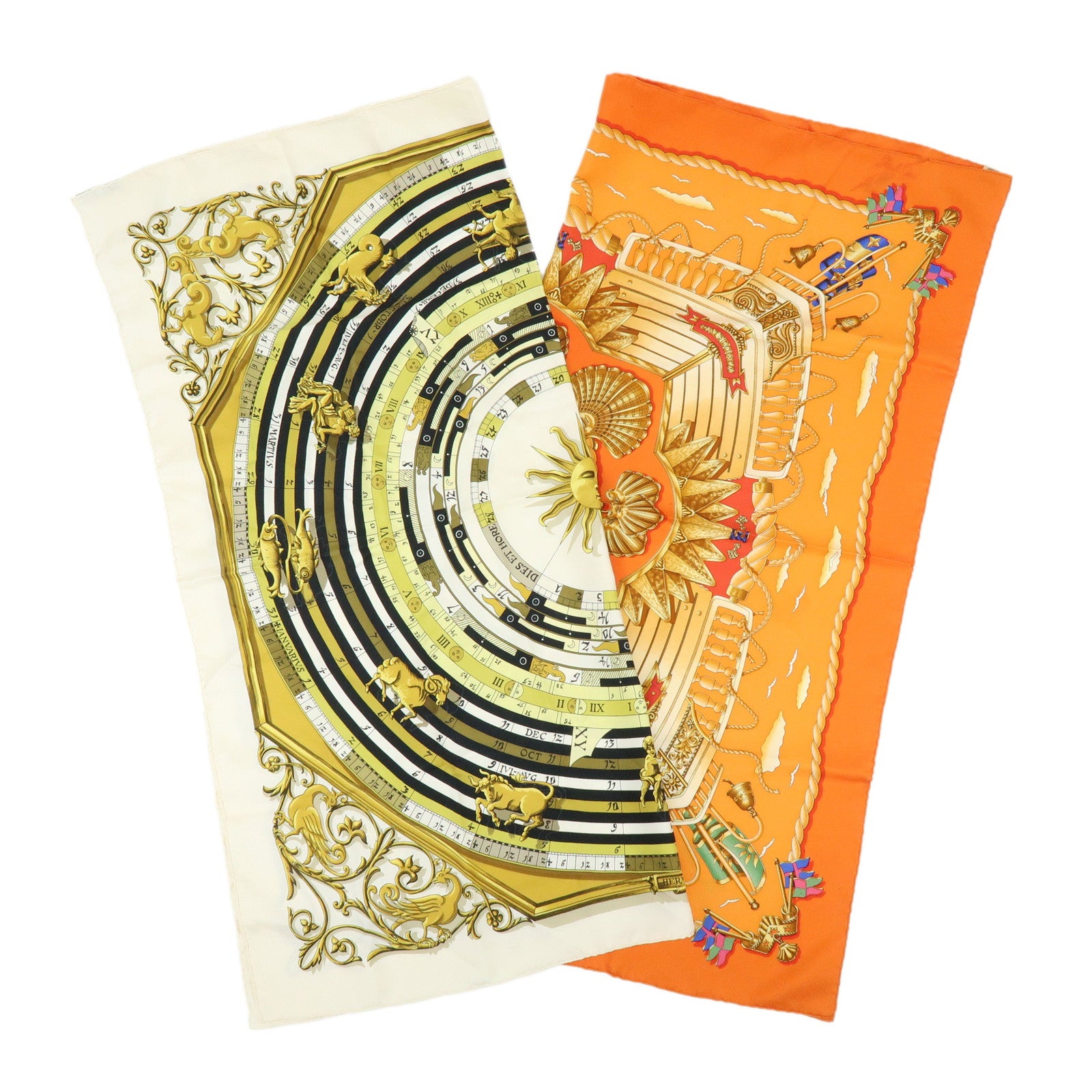 HERMES Carre 90 Silk 100% Scarf Lot of 2 Orange Gold Navy