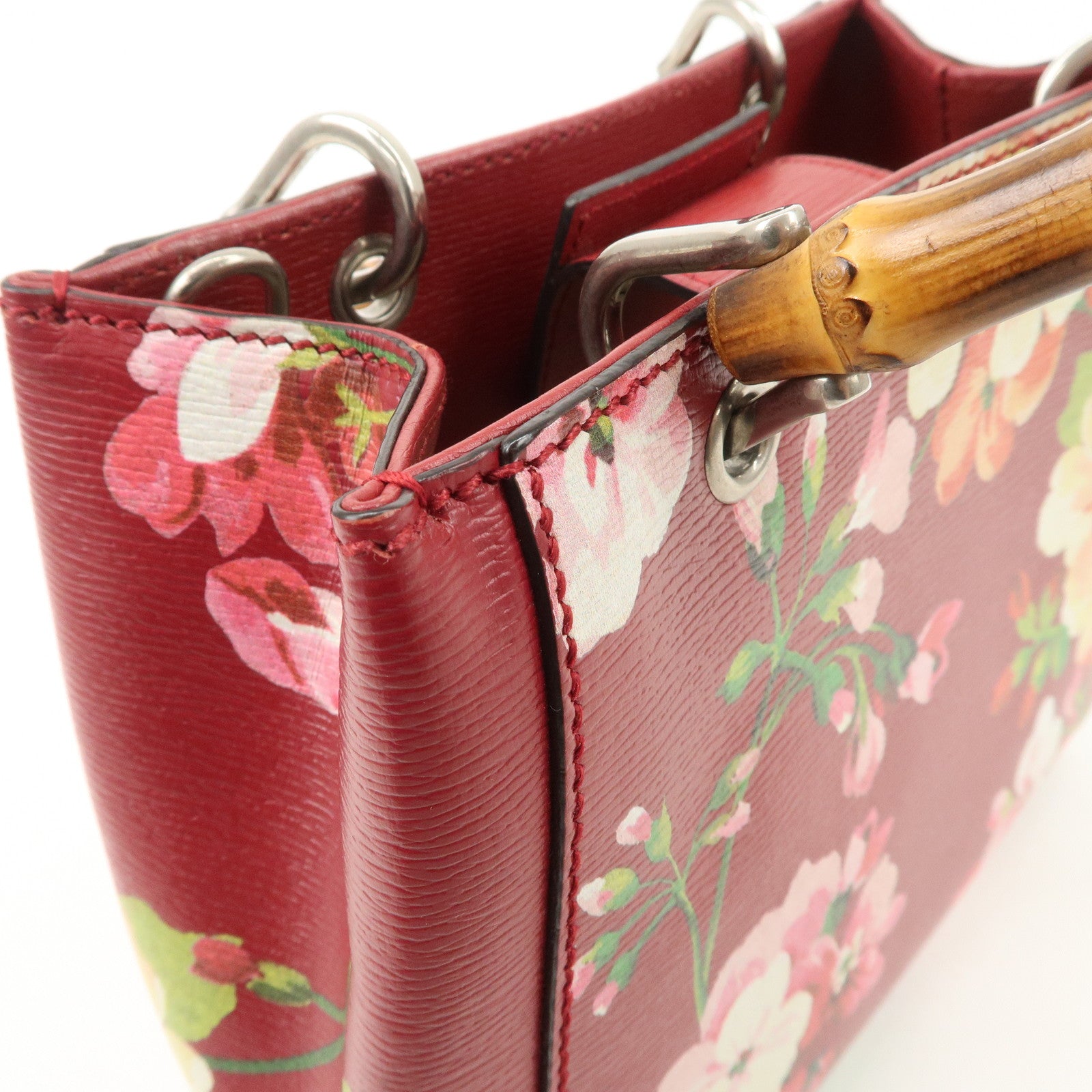 GUCCI Bamboo Leather Flower Mini Shopper 2Way Hand Bag Red 368823 Used