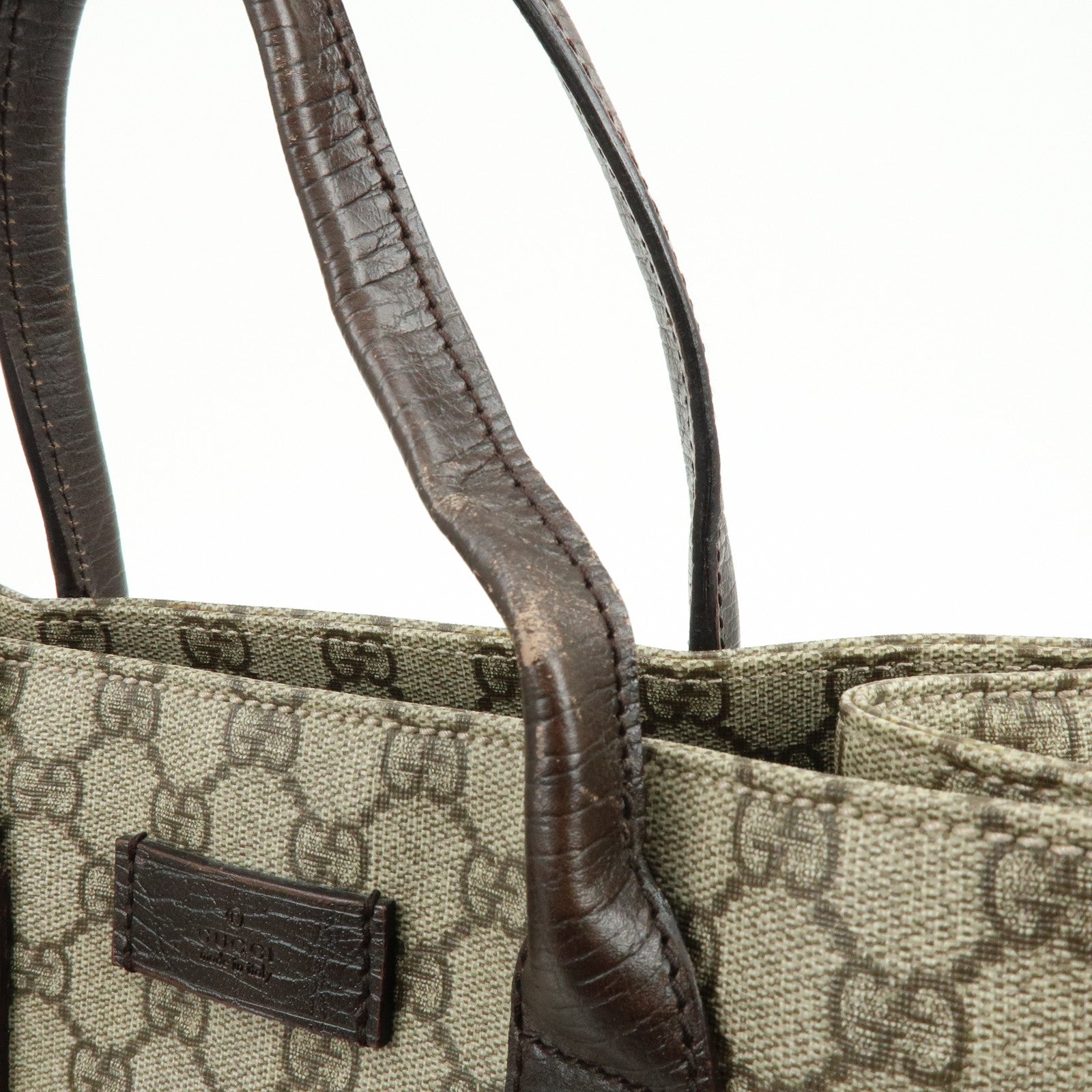 GUCCI GG Supreme Leather Tote Bag Hand Bag Beige Dark Brown 91249