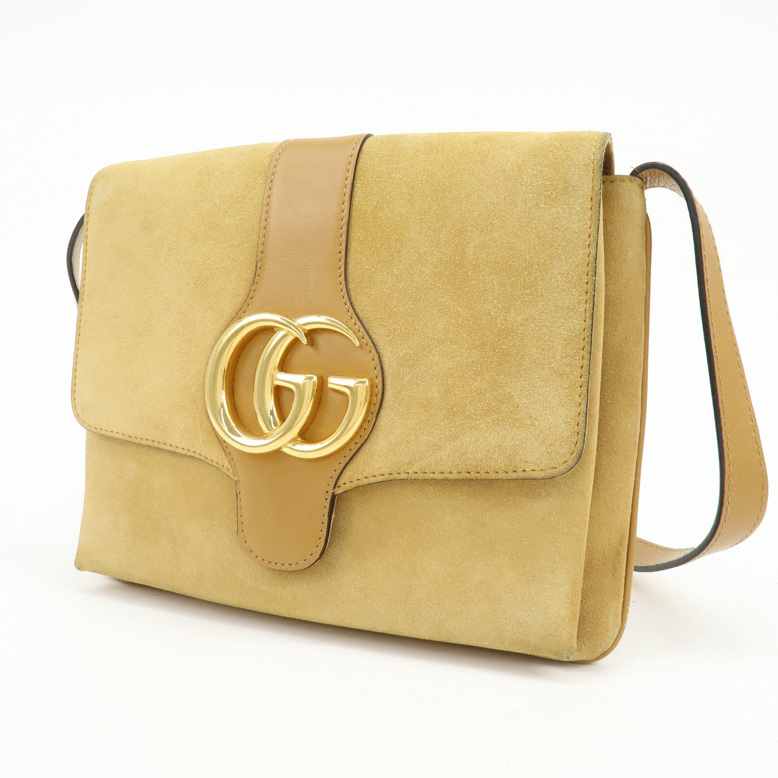 GUCCI Arli Double G Suede Leather Shoulder Crossbody Bag Beige Brown