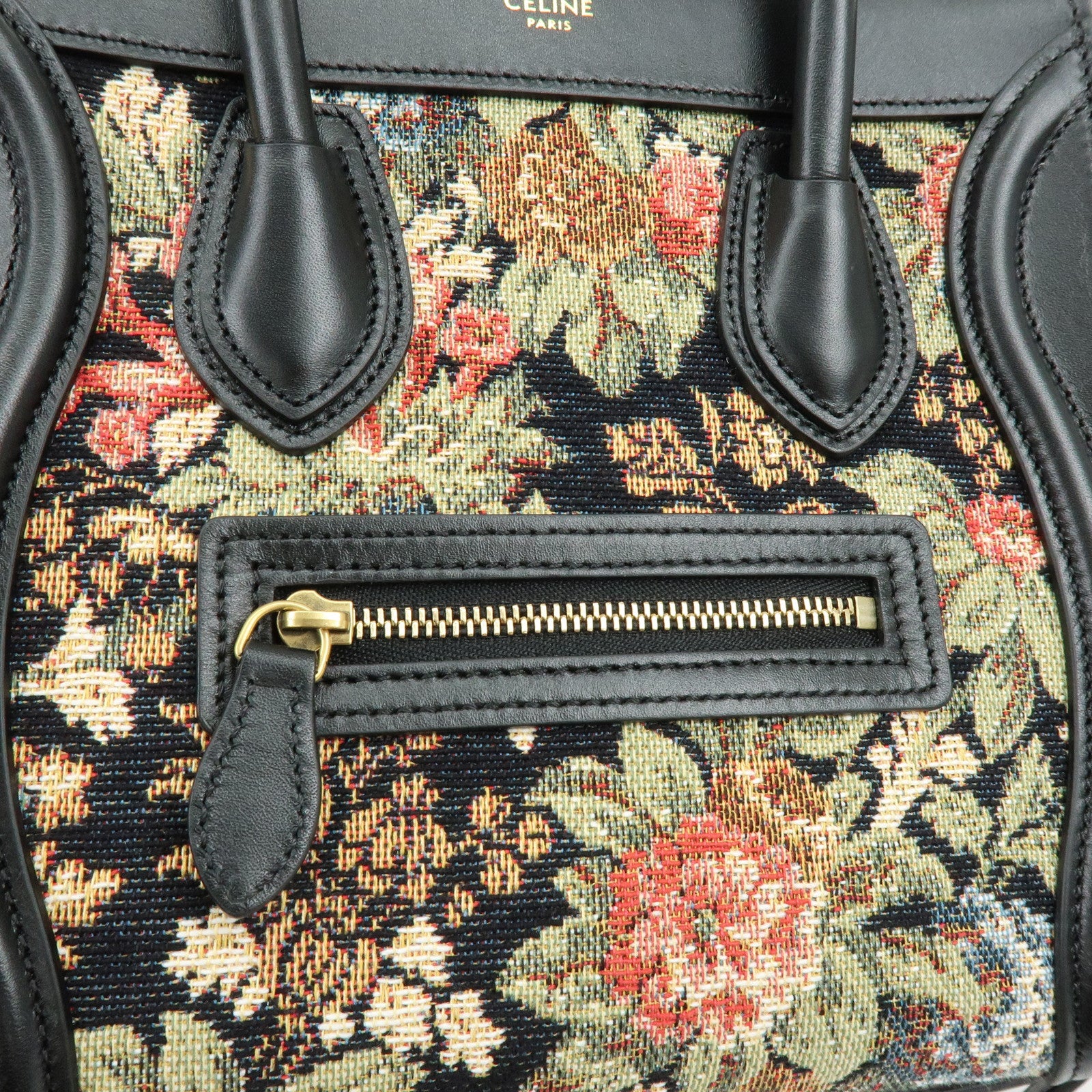 CELINE Luggage Jaquard Canvas Leathre Flower 2Way Shoulder Bag Black