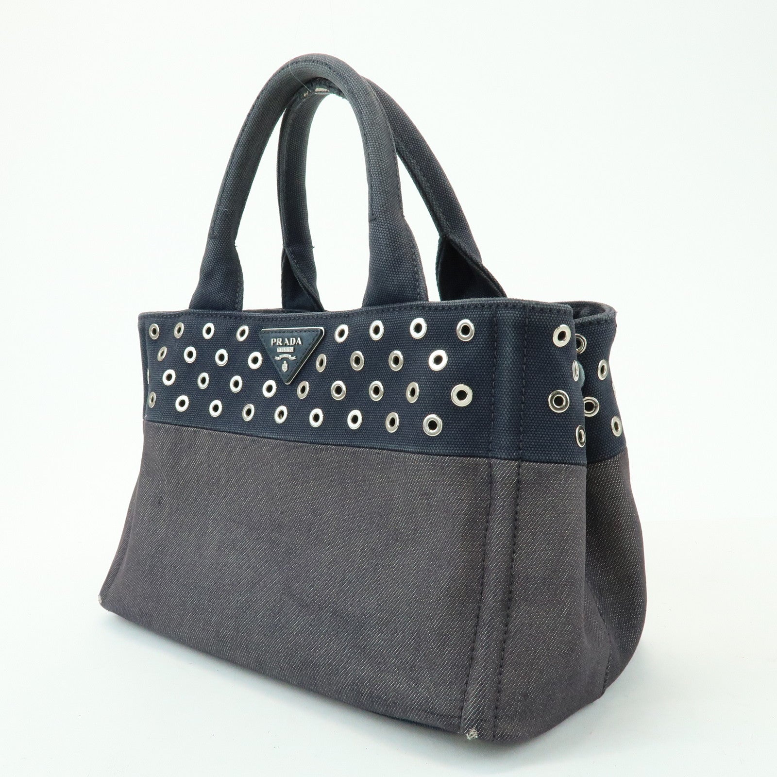PRADA Canapa Mini Triangle Logo Denim Canvas 2Way Bag Navy 1BG439