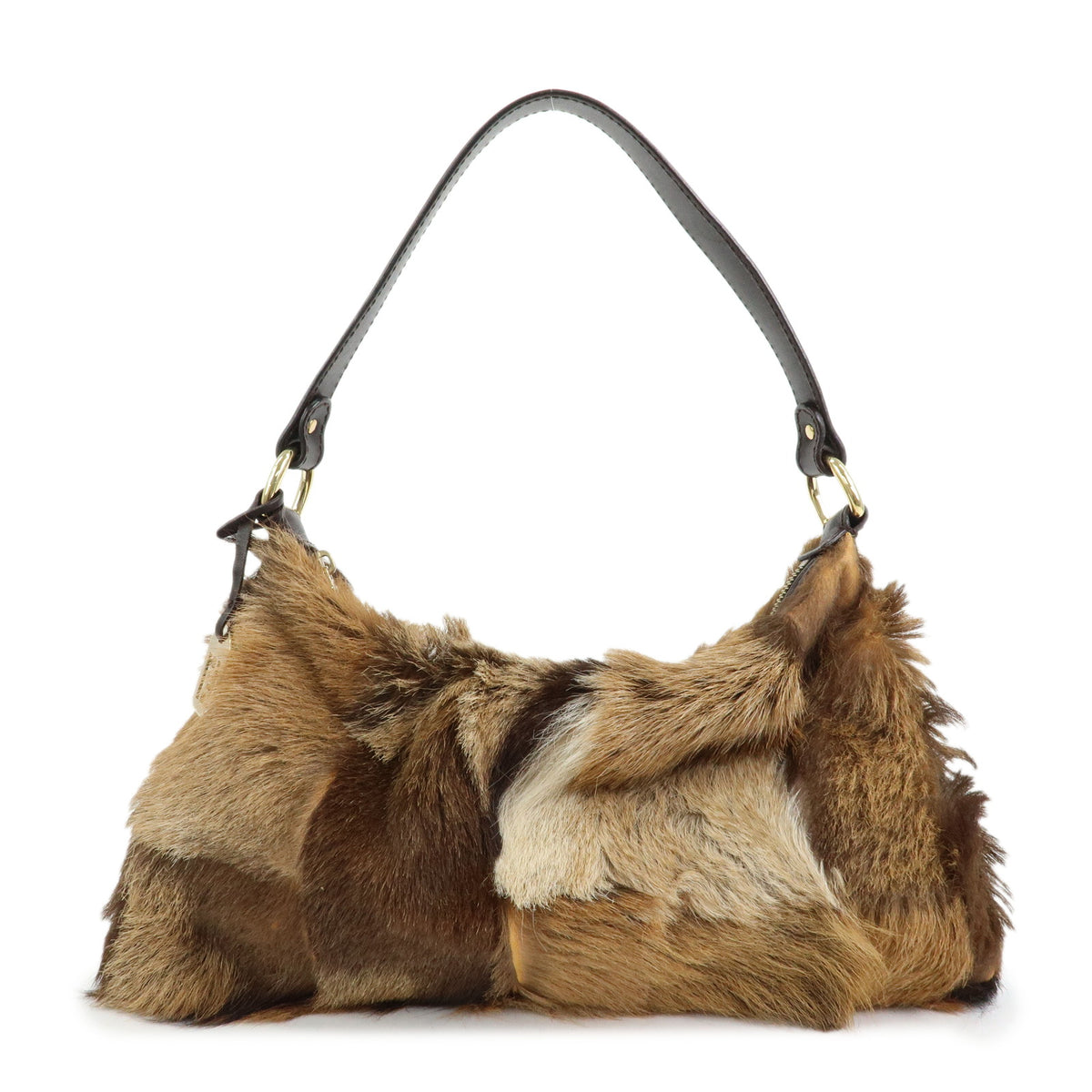 FENDI Fur Leather Shoulder Bag Hand Bag Brown 8BR349