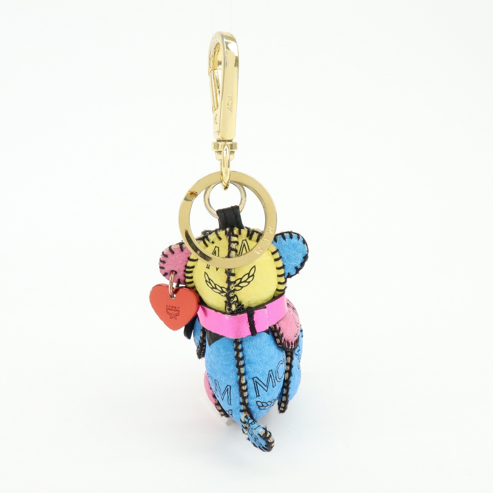 MCM Visetos Bear Leather Bag Charm Key Chain Yellow Pink Blue