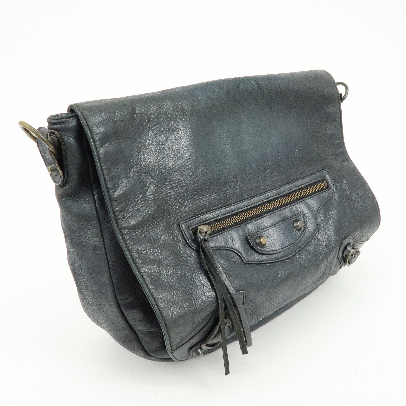 BALENCIAGA THE FOLK Leather Shoulder Bag Black 246432