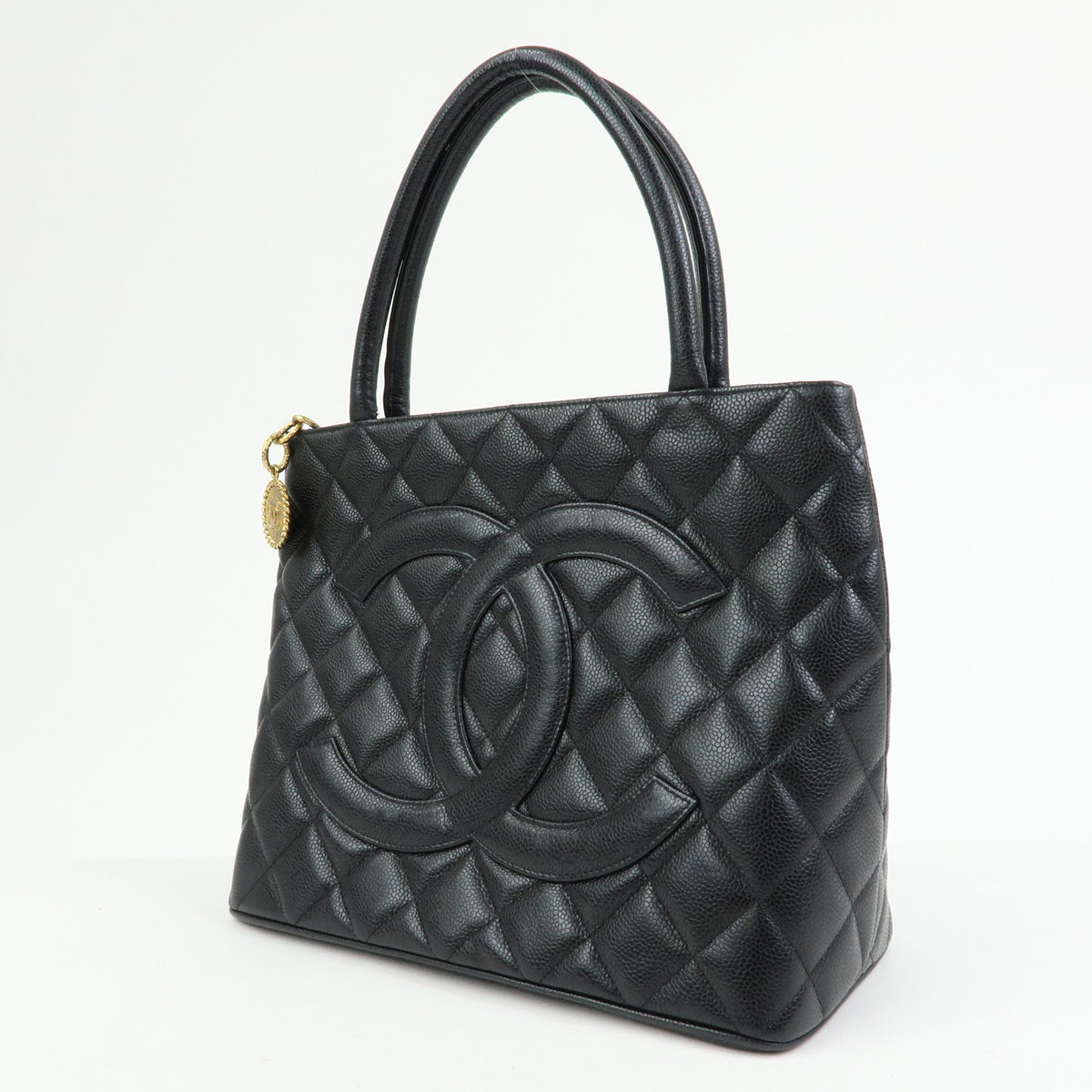 CHANEL Matelasse COCO Mark Caviarskin Medallion Tote Bag Black A01804