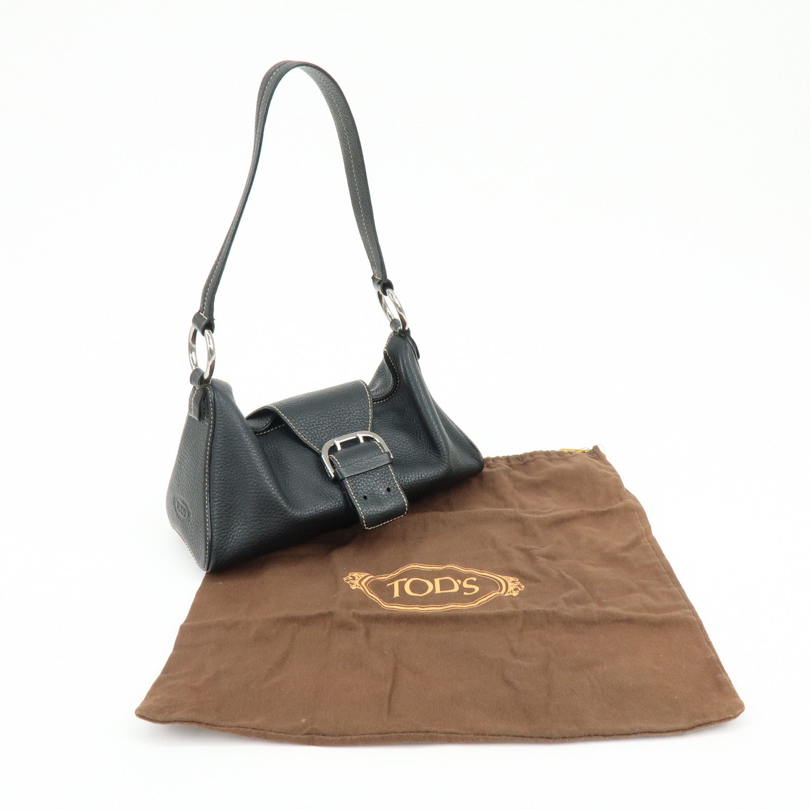TOD'S Leather Stitched Buckle Hand Bag Shoulder Bag Black