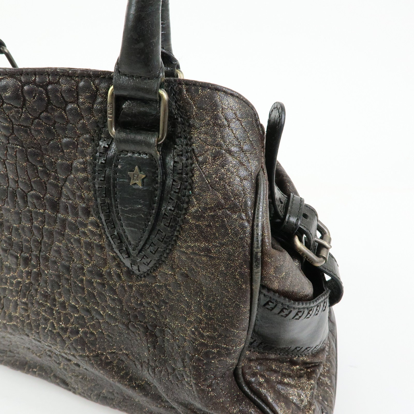FENDI Etnico Embossed Leather Tote Bag Shoulder Bag Brown Gold 8BN162