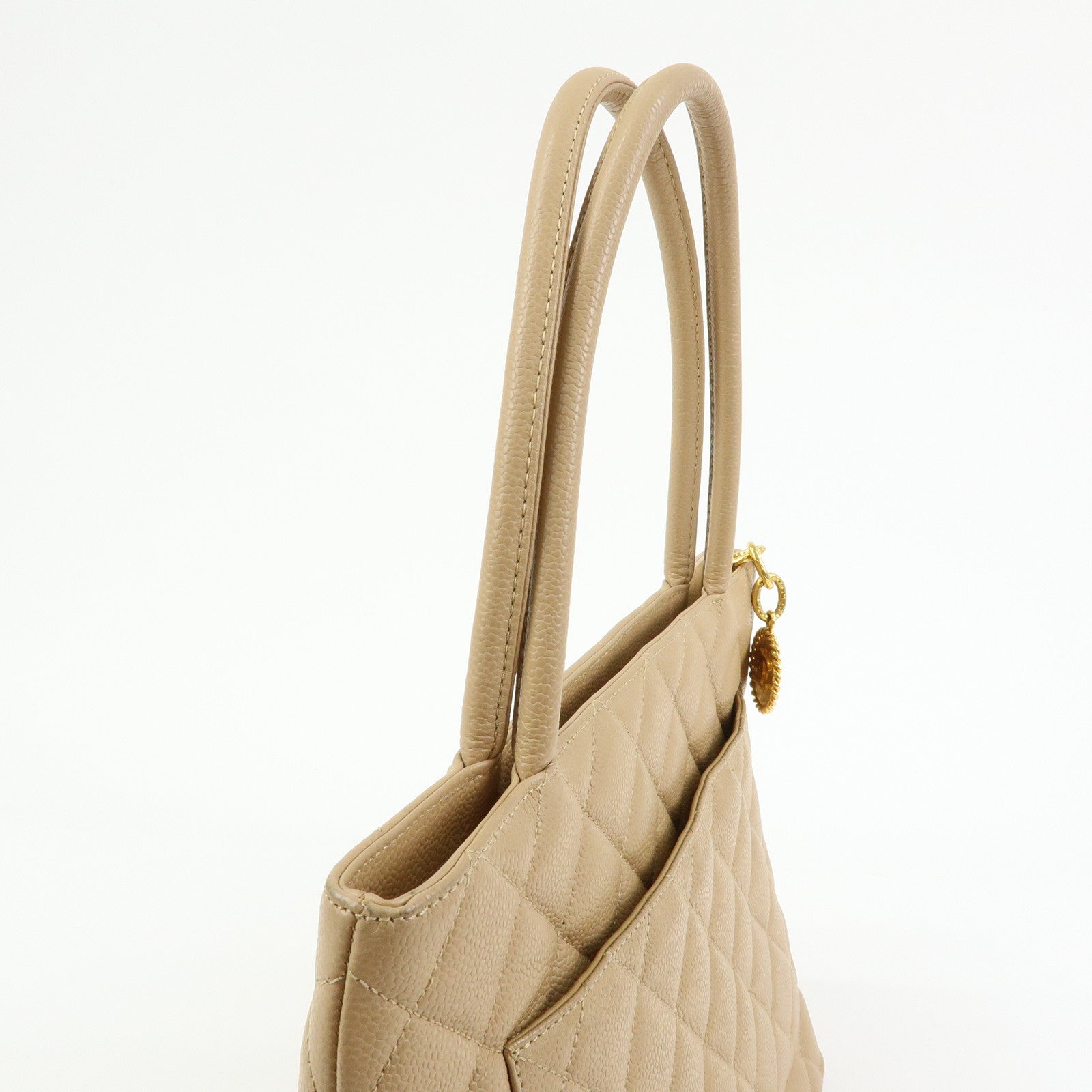 CHANEL Medallion Matelasse COCO Mark Caviarskin Tote Bag Beige A01804