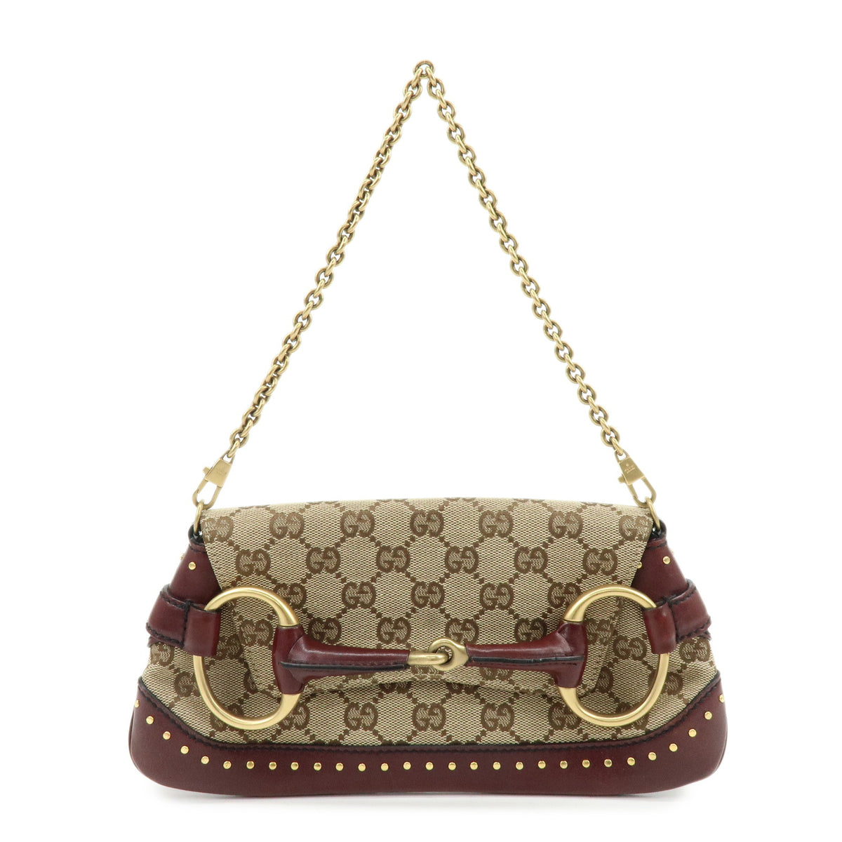 GUCCI Horsebit GG Canvas Leather Chain Hand Bag Brown Bordeaux 119186