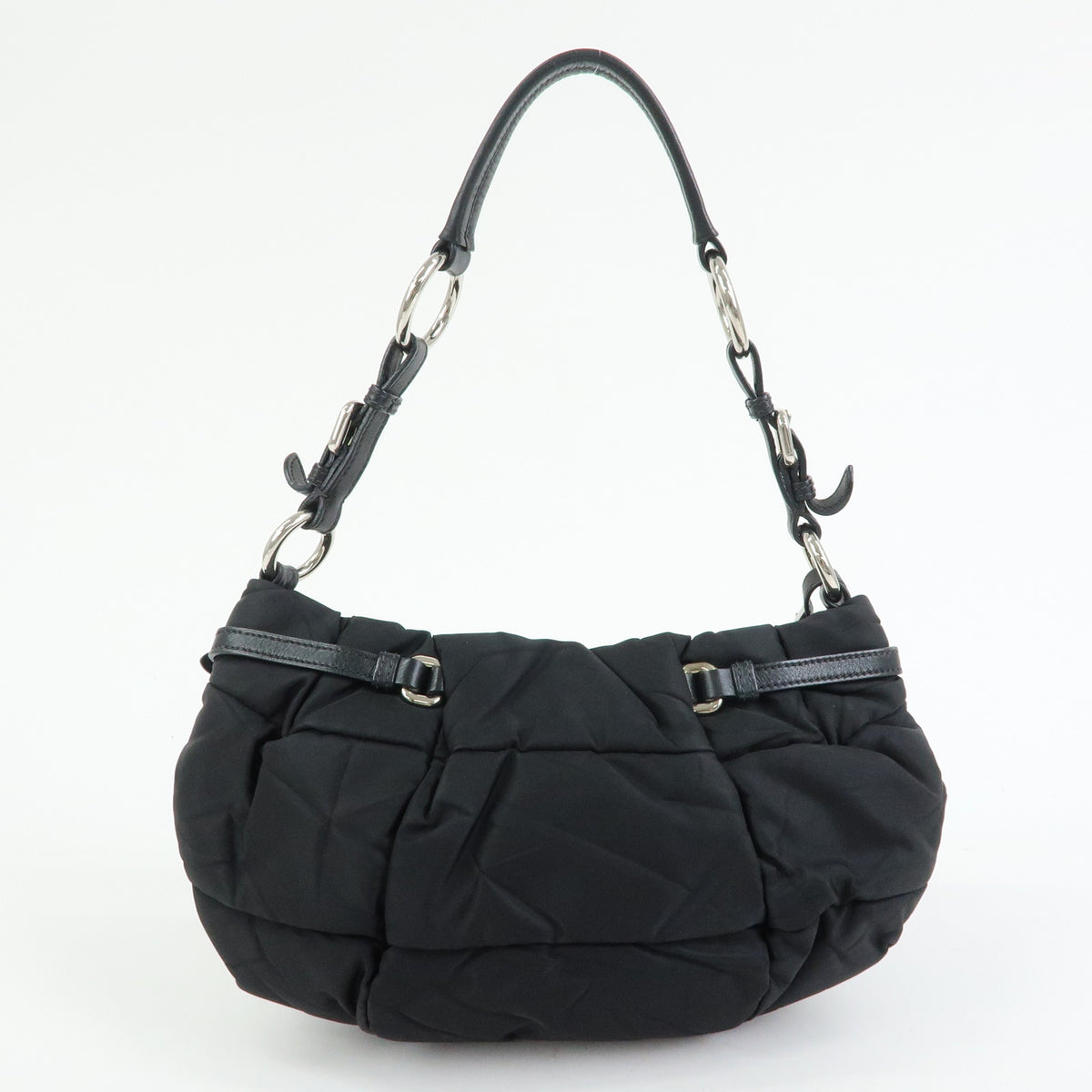 PRADA Tessuto Gathered Nylon Leather Shoulder Bag Hand Bag Black BN1704