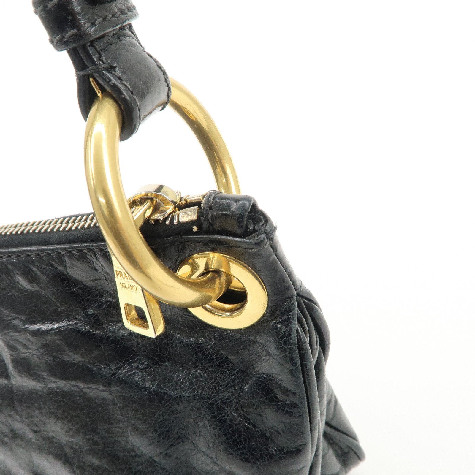 PRADA Logo Leather Shoulder Bag Hand Bag Gold Hardware Black Used