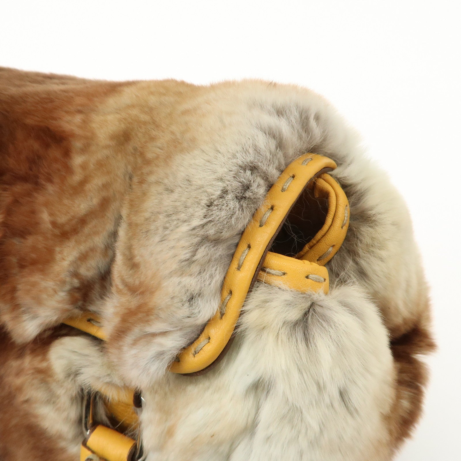 FENDI Seleria Leather Fur Mini Linda Hand Bag Brown White 8BR486 Used
