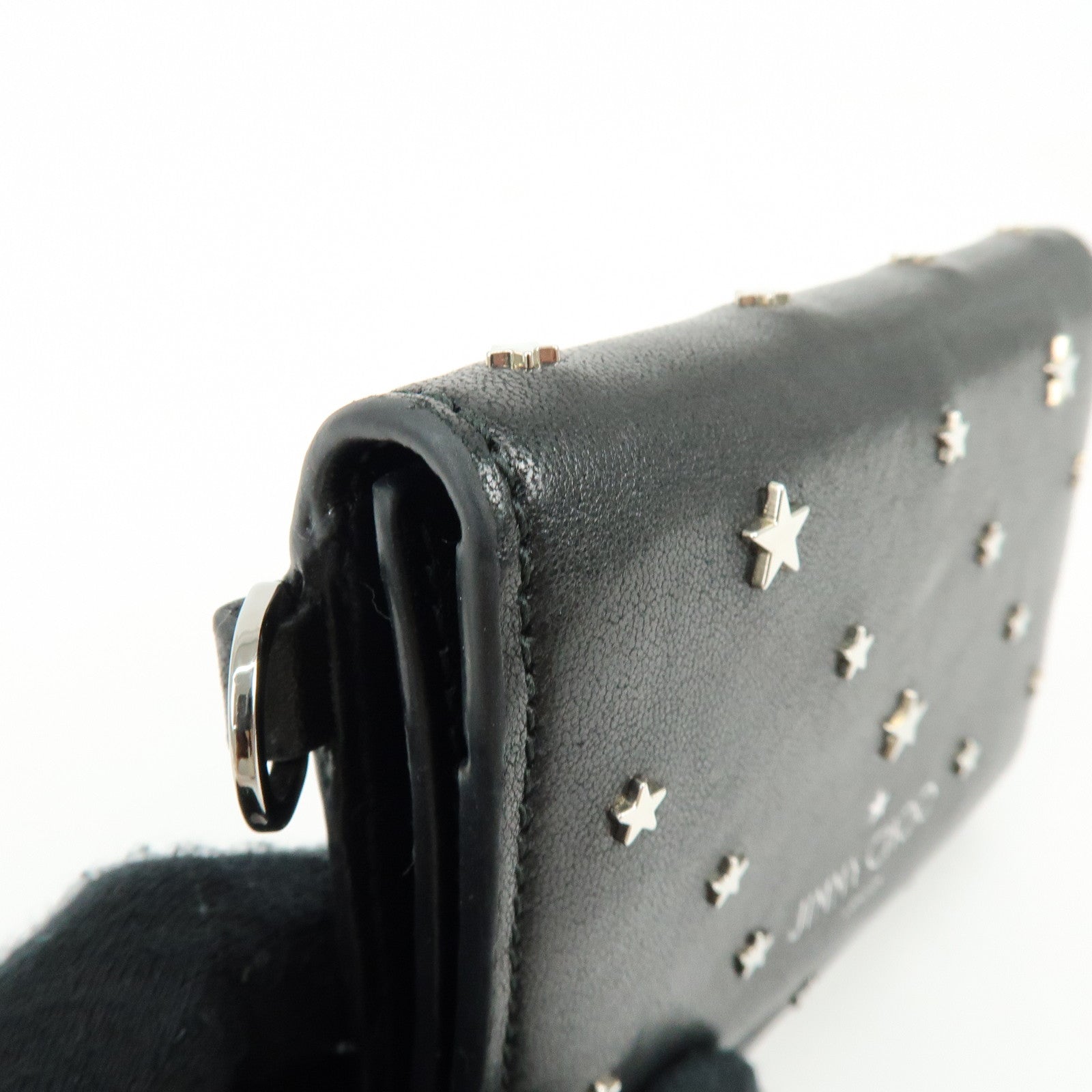 Jimmy Choo Leather Tri-fold Chain Wallet Studs Stars Black