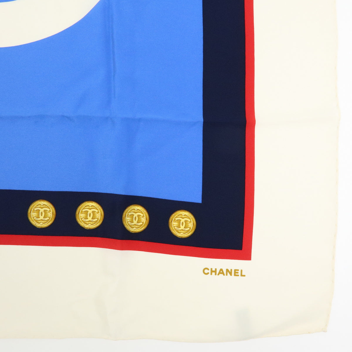 CHANEL COCO Mark Silk 100% Scarf Blue White Navy Red
