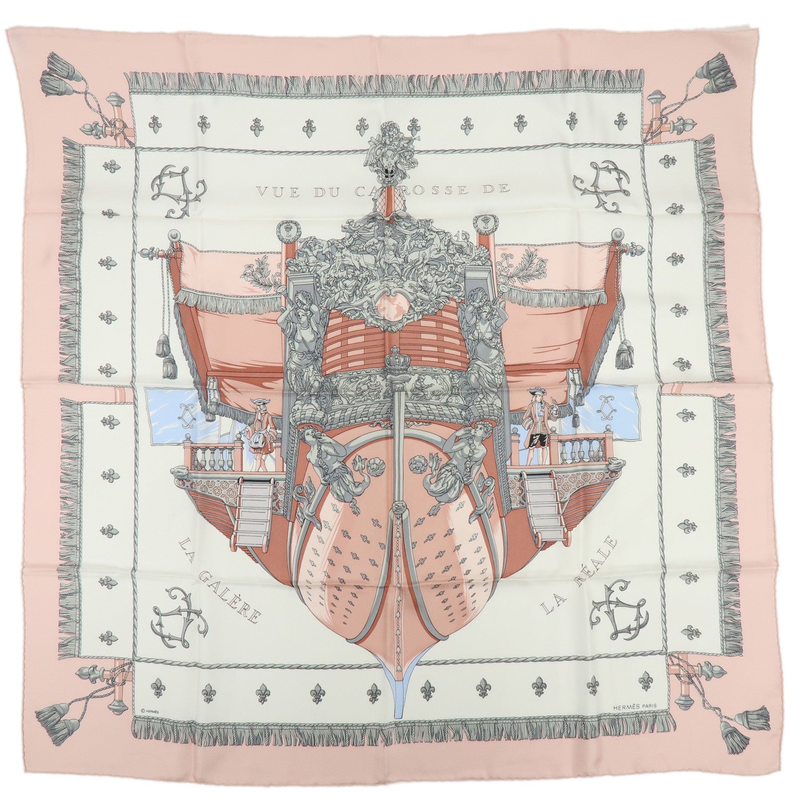 HERMES Carre 90 Silk 100% Scarf VUE DU CARROSSE DE LA GALERE Pink White
