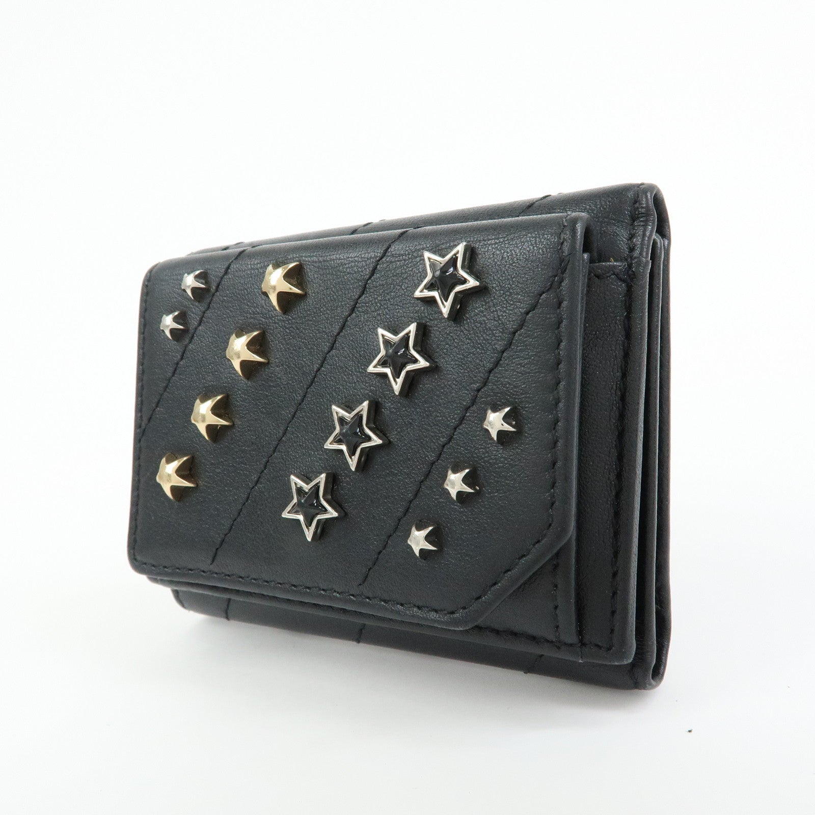 JIMMY CHOO Star Studs Leather Compact Tri-fold Wallet Black