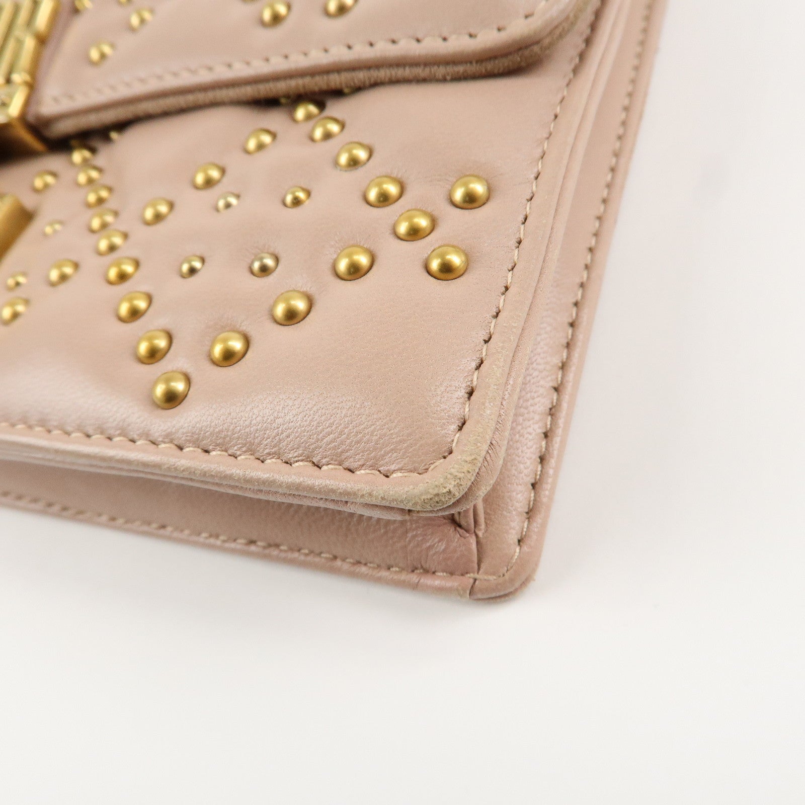 Christian Dior Addict Studs Leather Chain Shoulder Bag Hand Bag Beige Used