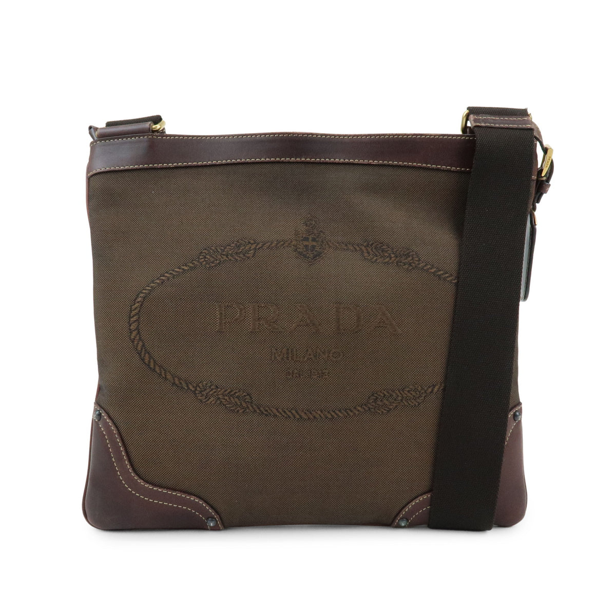 PRADA Logo Jacquard Leather Shoulder Crossbody Bag Brown BT0537