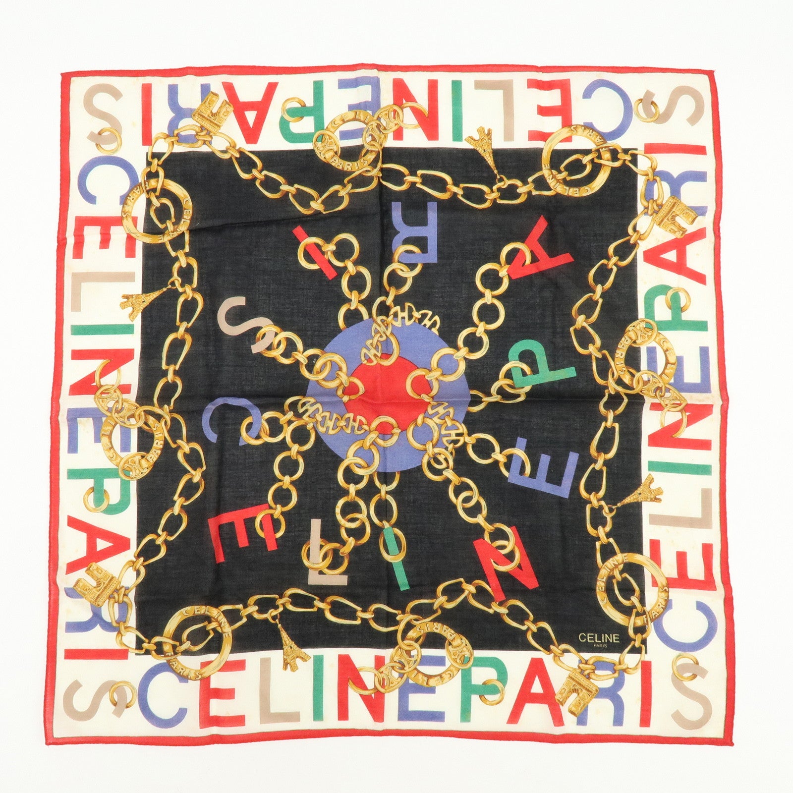CELINE Set of 4 Silk Cotton Scarf Shawl Tassel Motif Beige Black Red