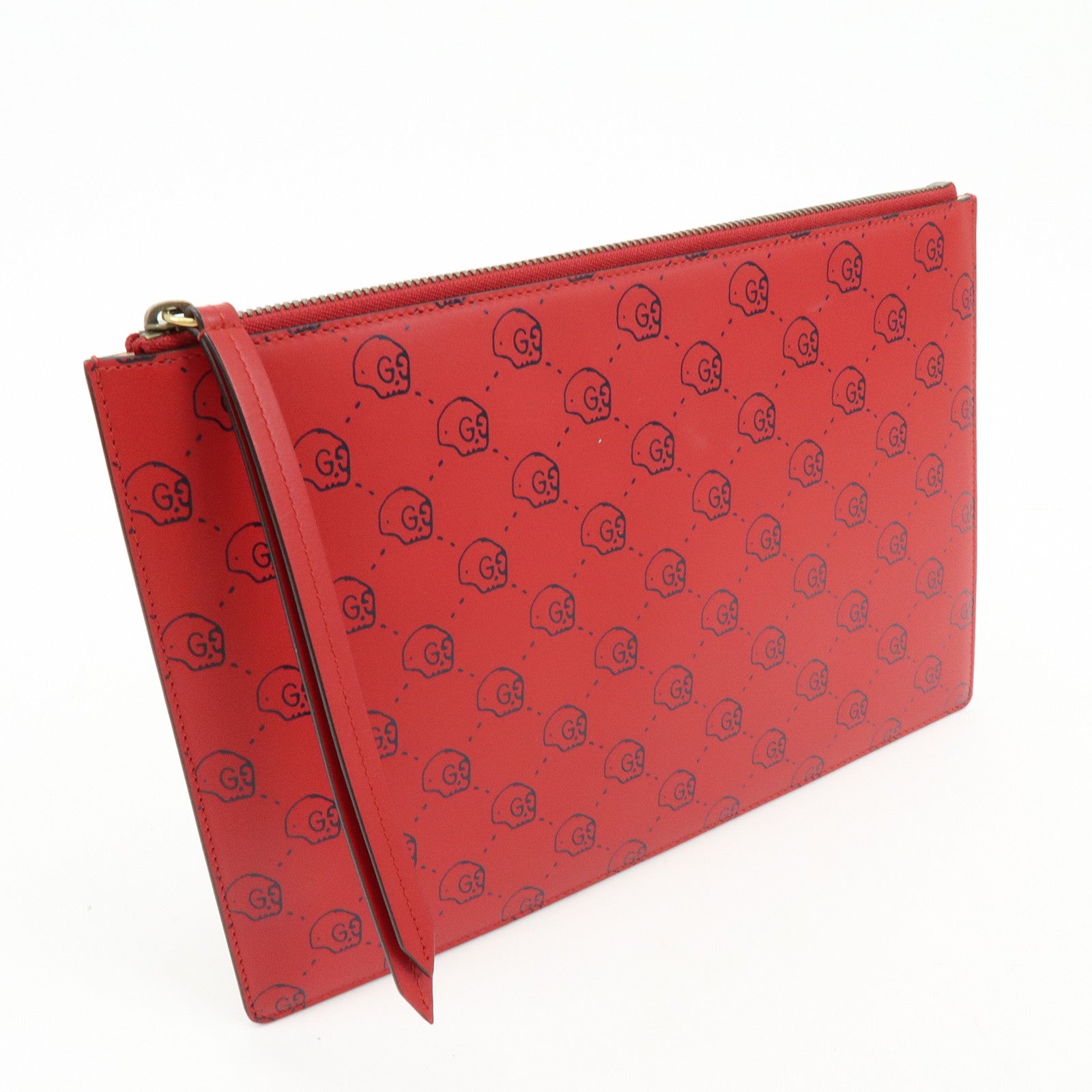 GUCCI Leather Gucci Ghost Skull Print Clutch Bag Flat Pouch Red 457010
