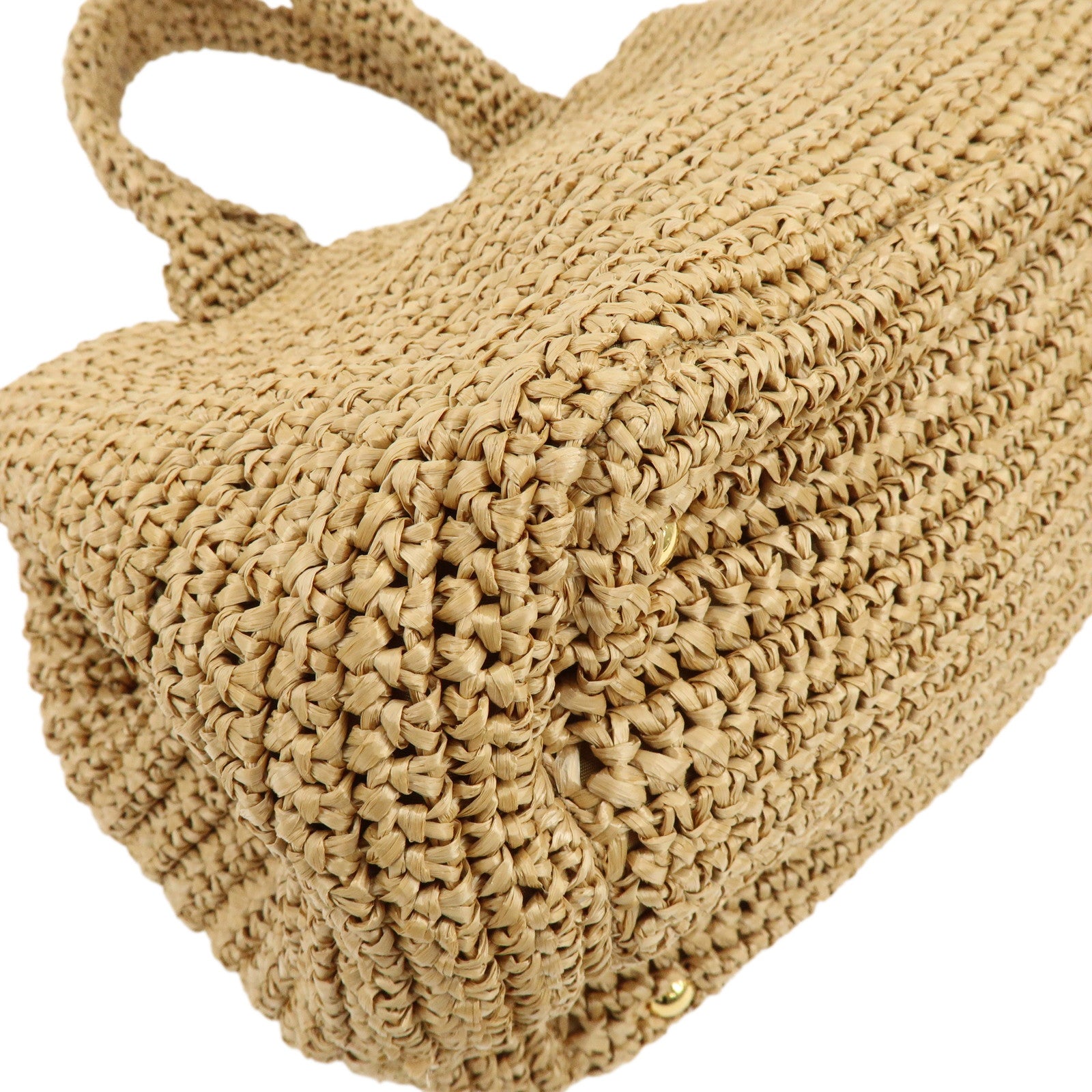 PRADA Triangle Logo Raffia Tote Bag Hand Bag Shoulder Bag Beige