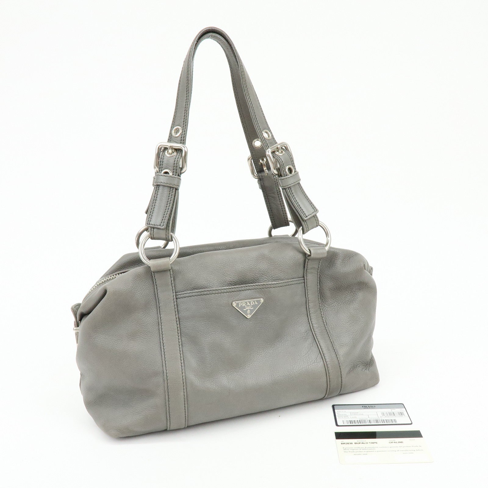 PRADA Triangle Logo Leather Boston Bag Shoulder Bag Gray BR2630