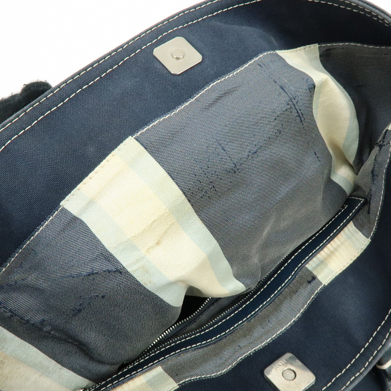 FENDI Canvas Leather Tote Bag Hand Bag White Stitch Navy 26693