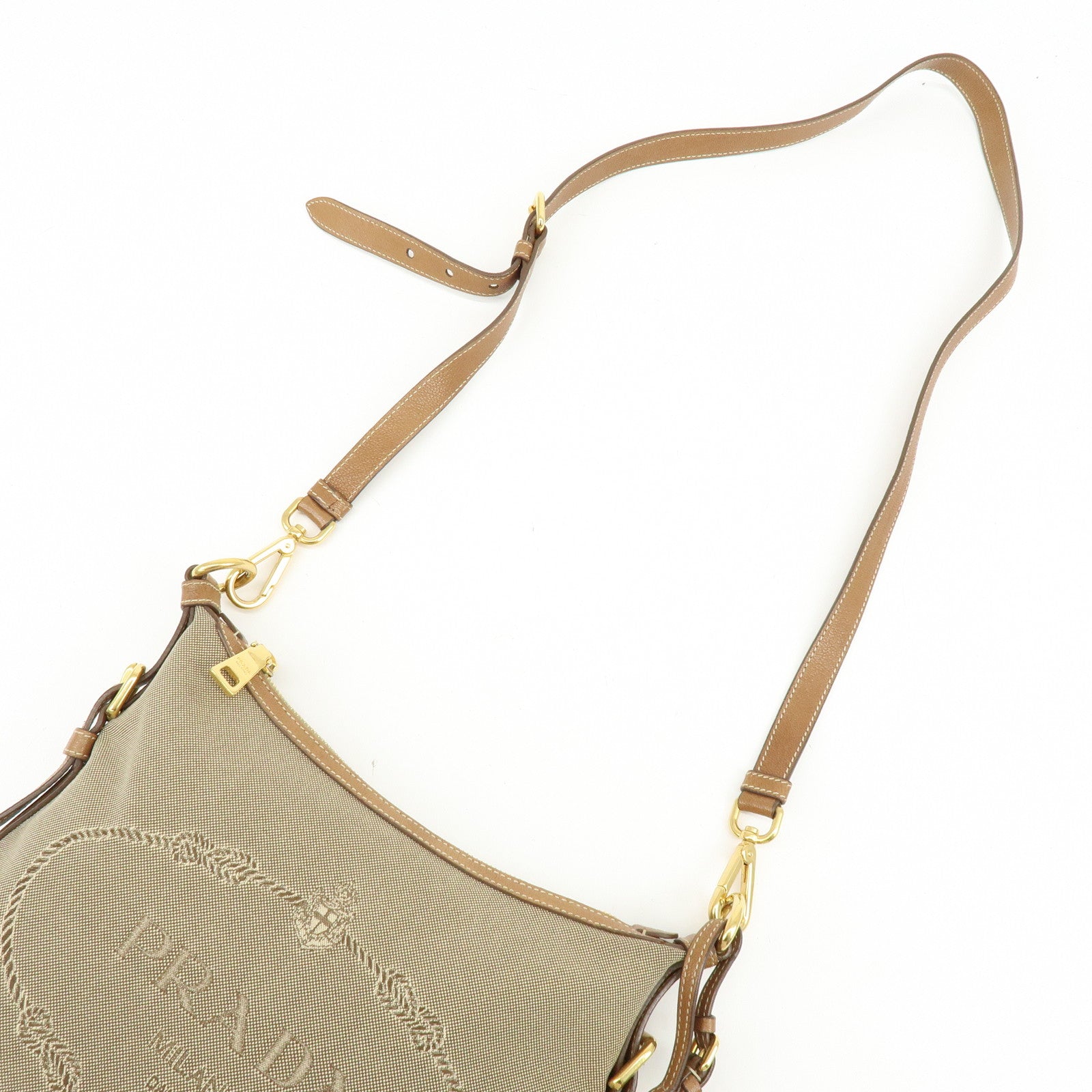 PRADA Logo Jacquard Canvas Leather Shoulder Bag Crossbody Bag Brown
