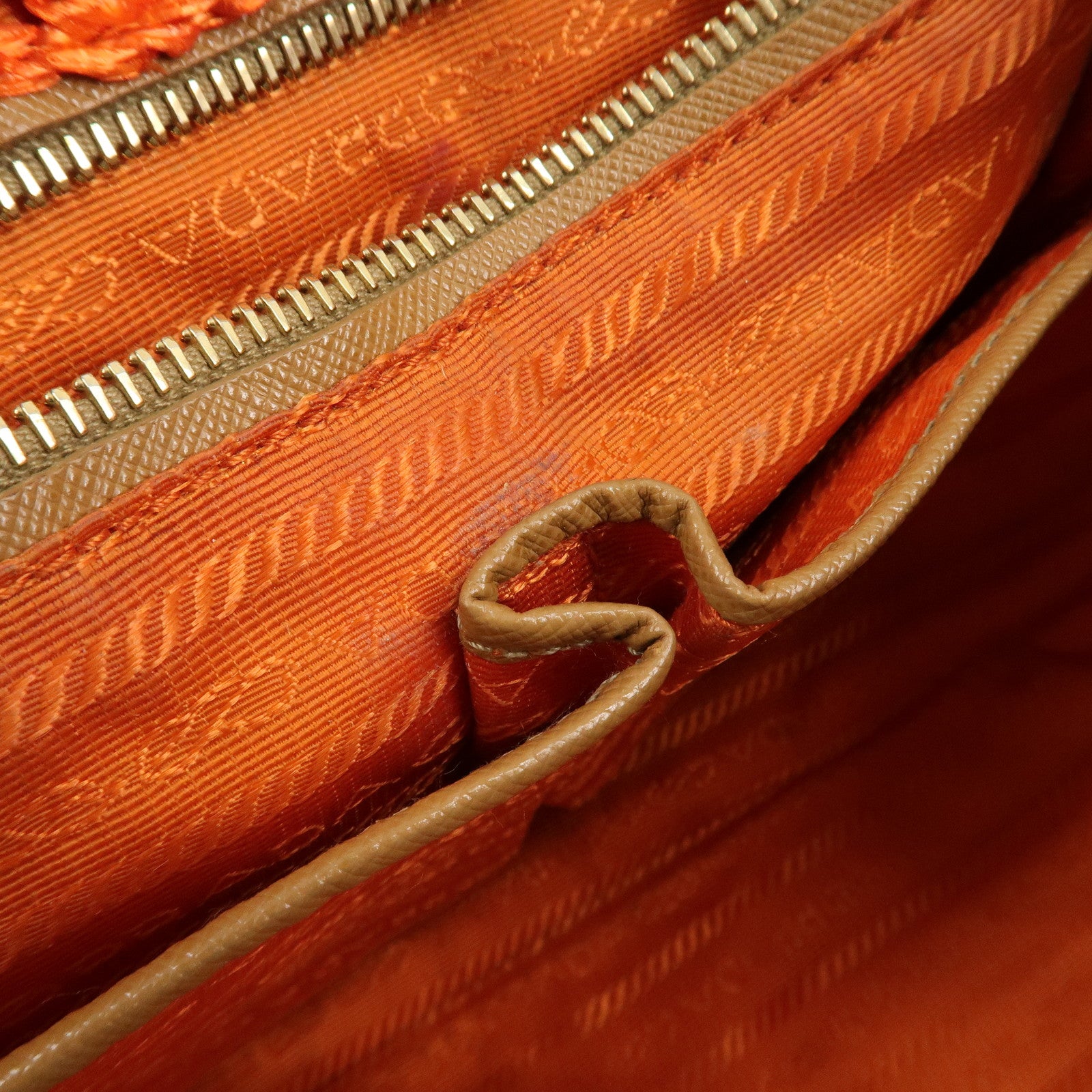 PRADA Triangl Logo Braded Tote Bag Hand Bag Orange Beige Used