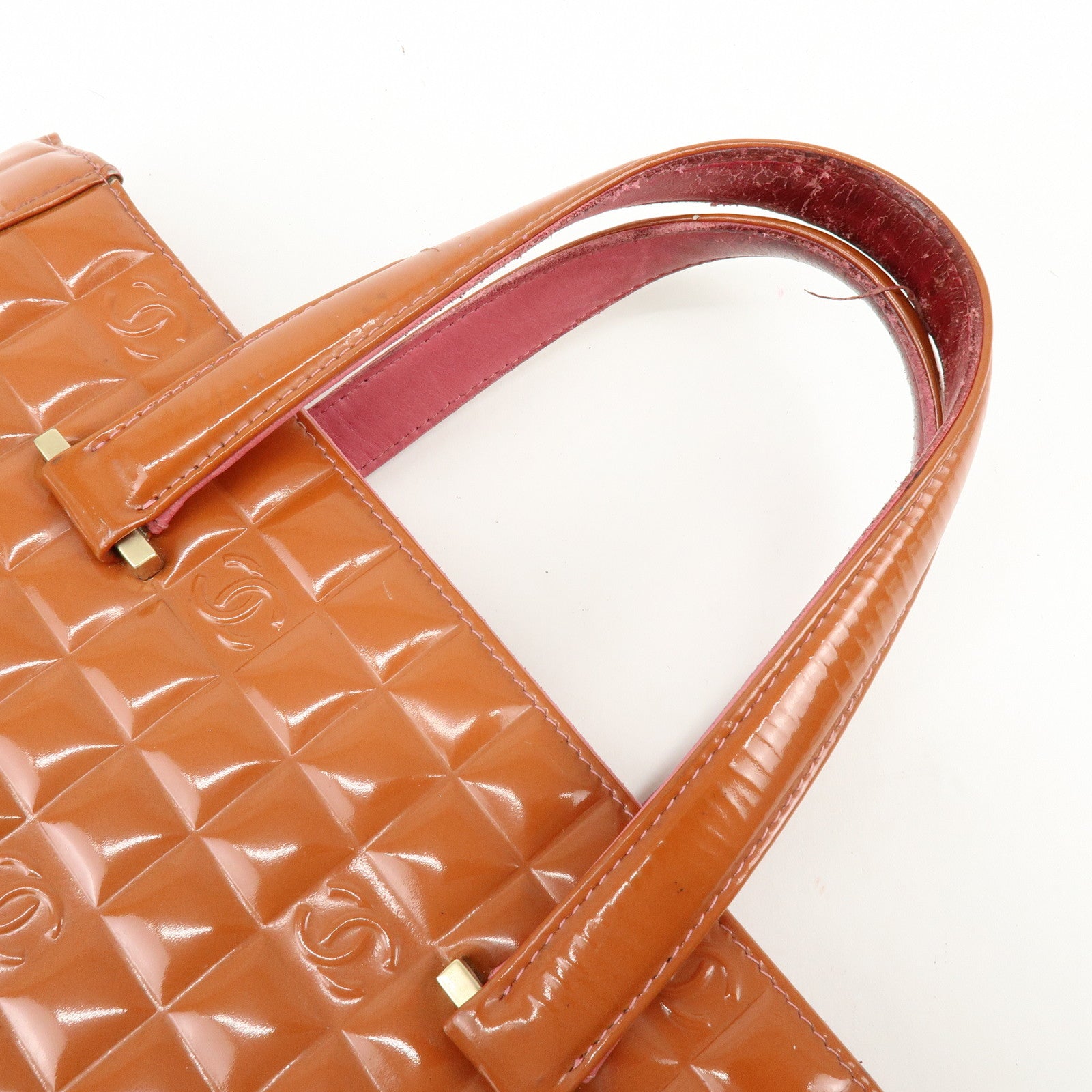 CHANEL Chocolate Bar COCO Mark Patent Leather Hand Bag Tote Bag Orange