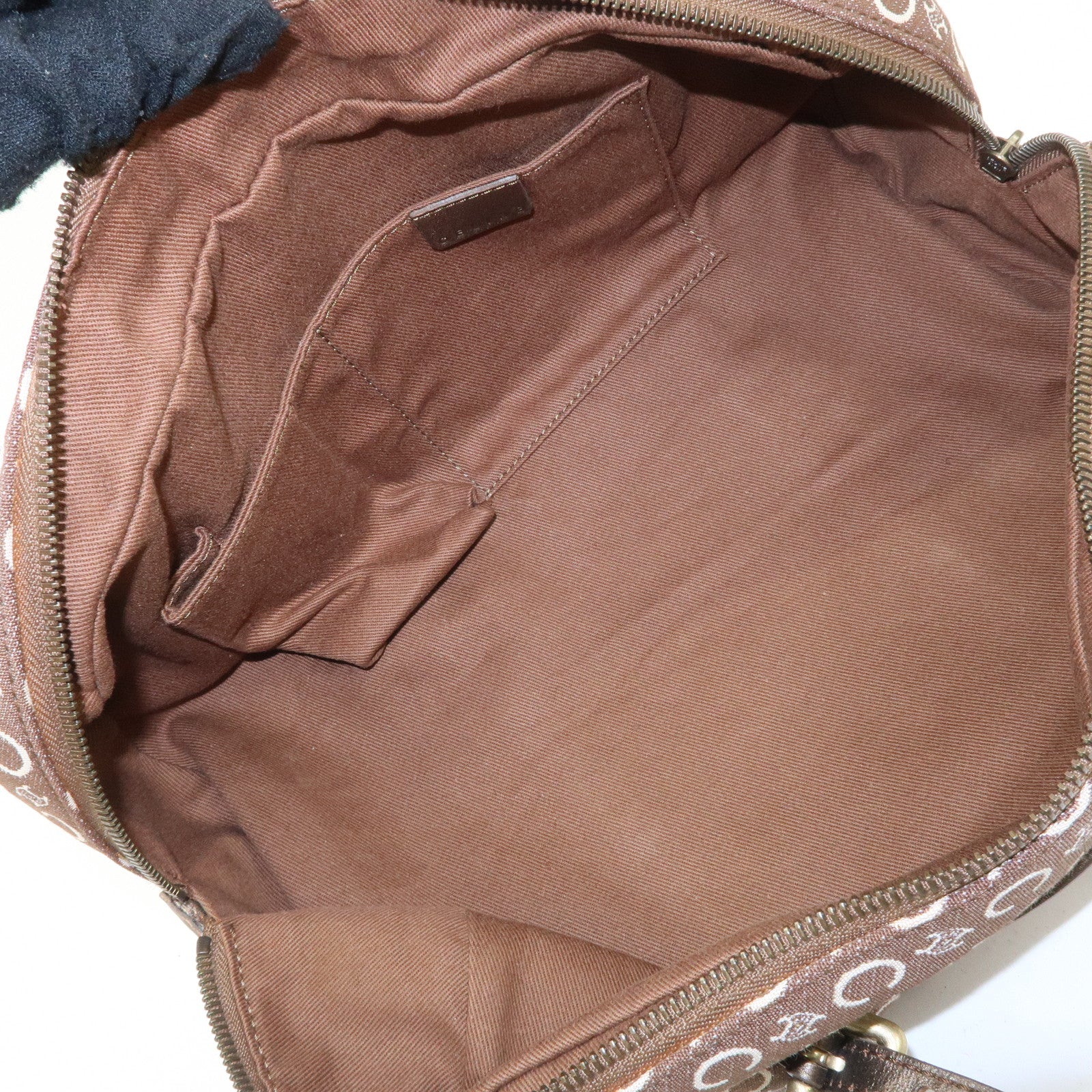 CELINE C Macadam Canvas Leather Boston Bag Hand Bag Brown White Used