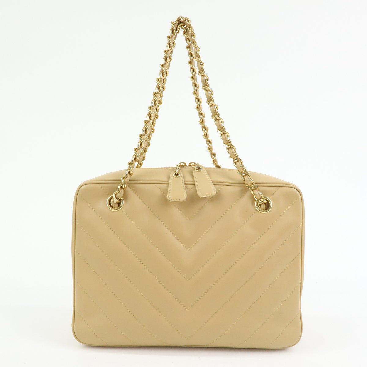 CHANEL Chevron COCO Mark Lamb Skin Chain Shoulder Bag Beige