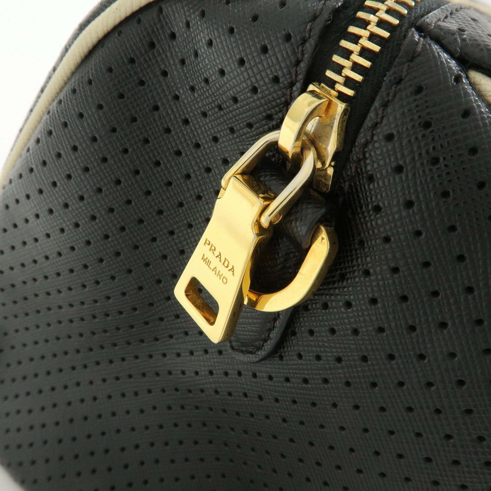 PRADA Triangle Logo Perforated Saffiano Leather 2Way Boston Bag Black
