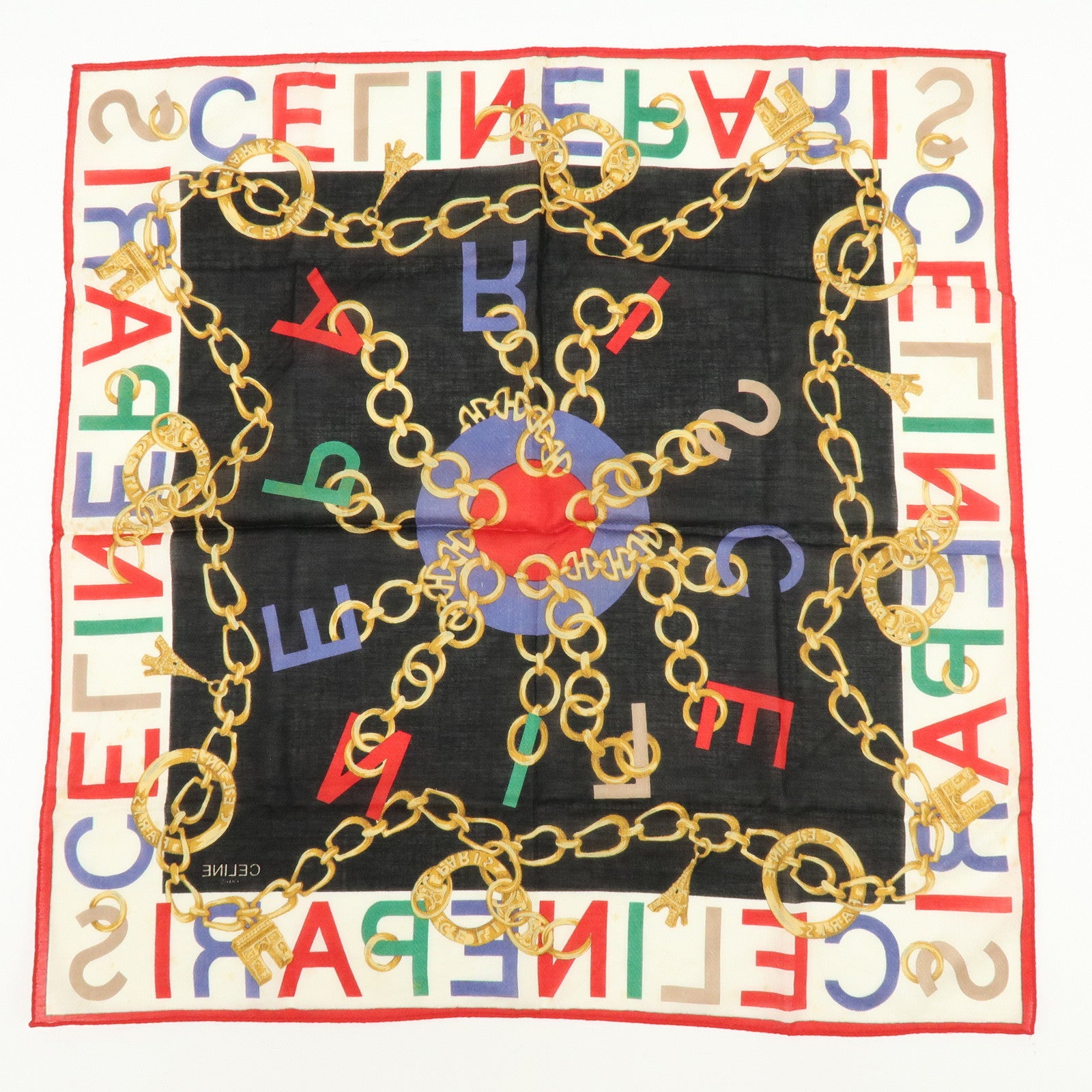 CELINE Set of 4 Silk Cotton Scarf Shawl Tassel Motif Beige Black Red