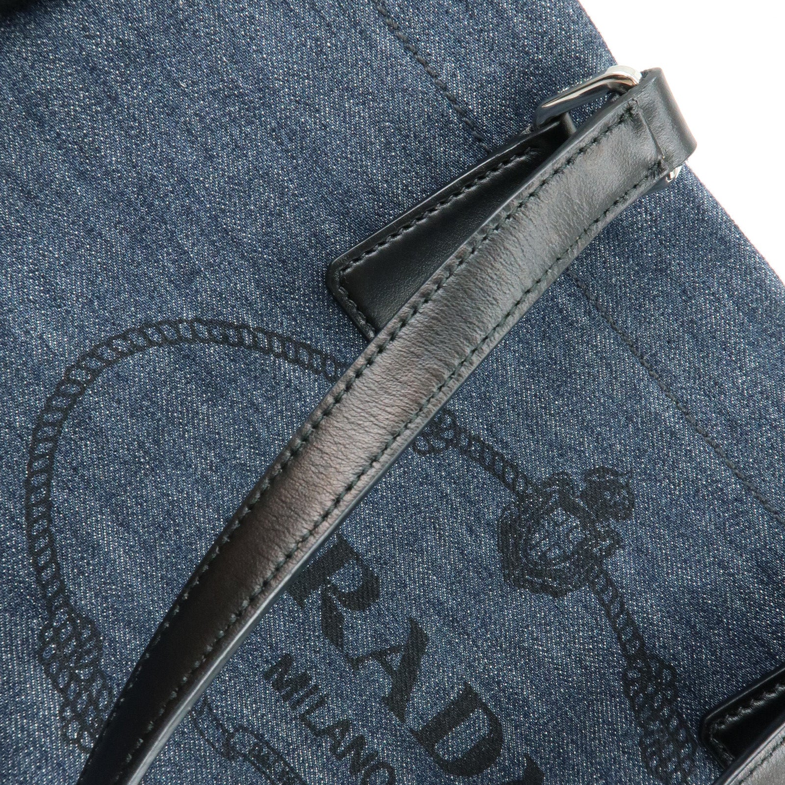 PRADA Logo Denim Leather Tote Bag Shoulder Hand Bag Navy Black 1BG356