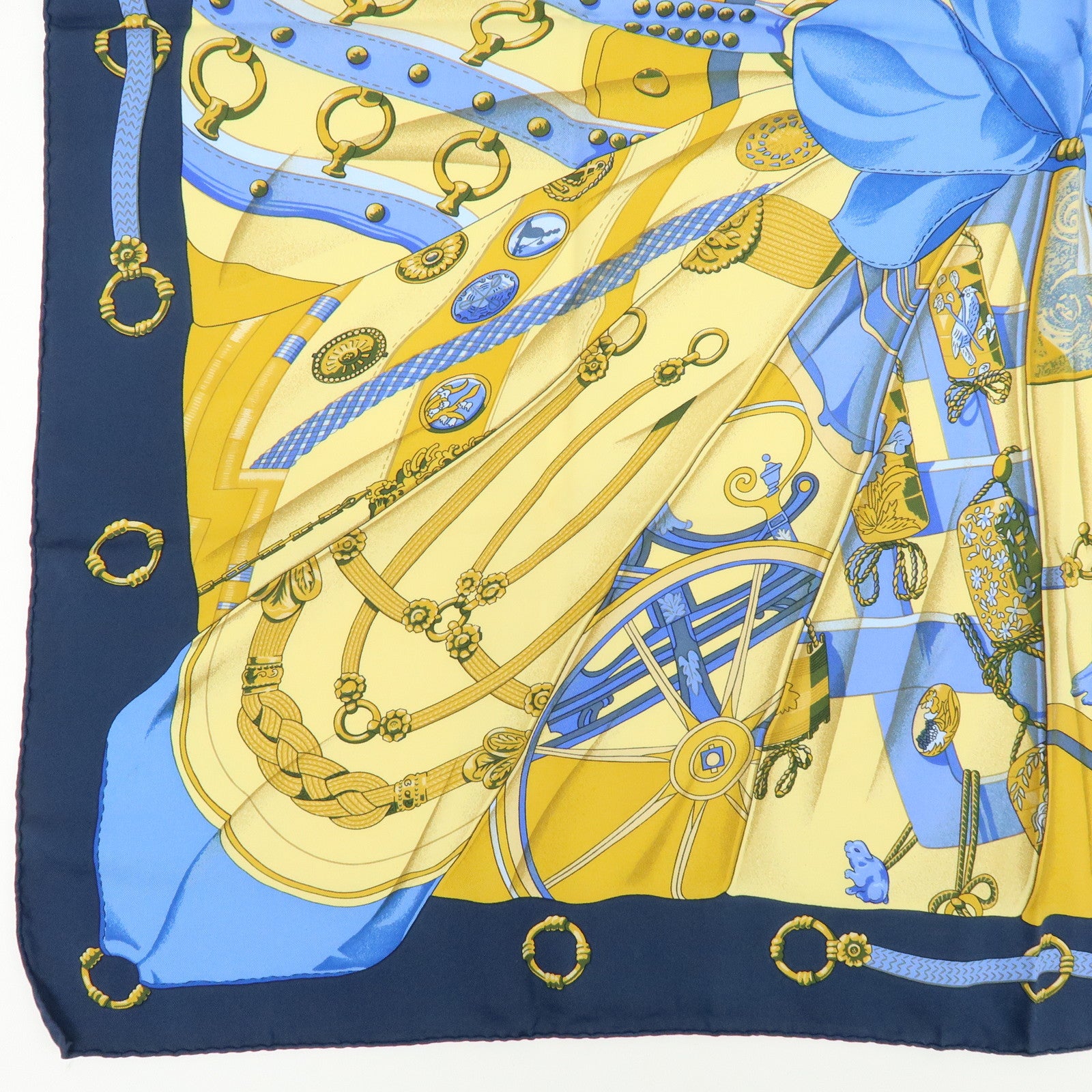 HERMES Carre 90 Silk 100% Scarf Soleil de Soie Blue Navy Yellow