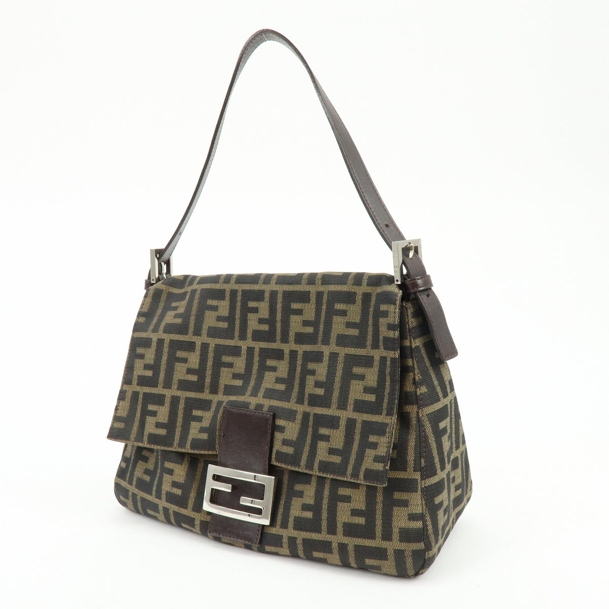 FENDI Mamma Baguette Jacquard Canvas Leather Shoulder Bag Brown 26325