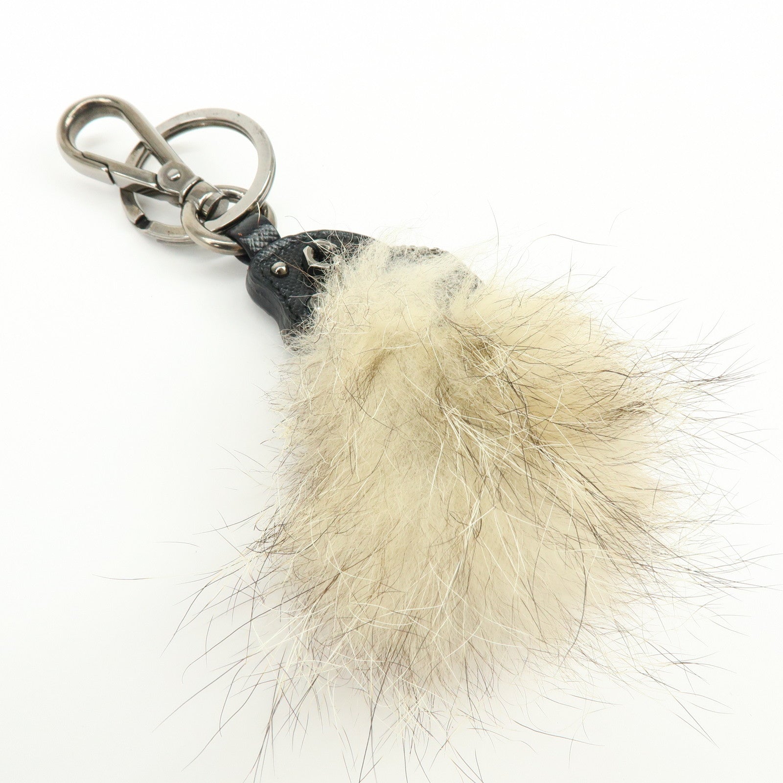 PRADA Triangle Log Saffiano Leather Fur Bag Charm Key Charm Beige