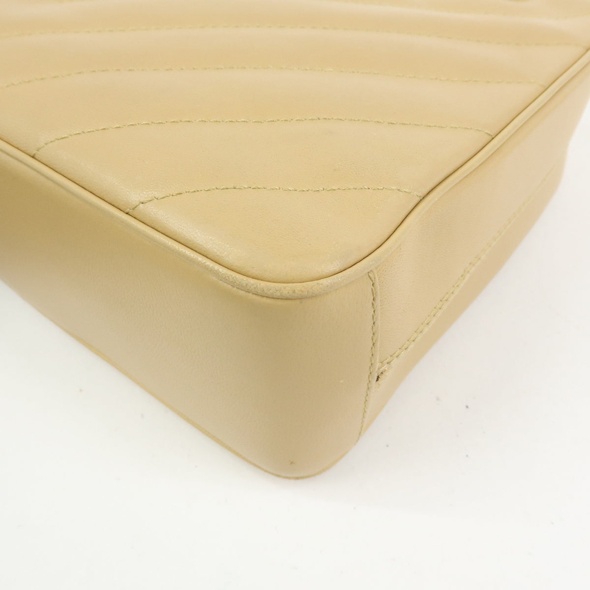CHANEL Chevron COCO Mark Lamb Skin Chain Shoulder Bag Beige