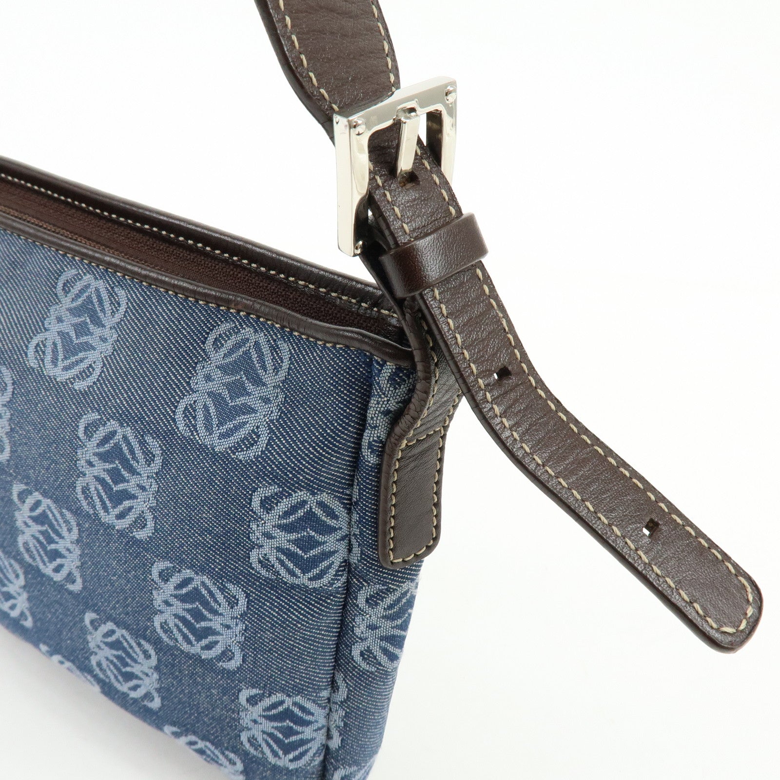 LOEWE Repeat Anagram Denim Leather Shoulder Bag Denim Brown