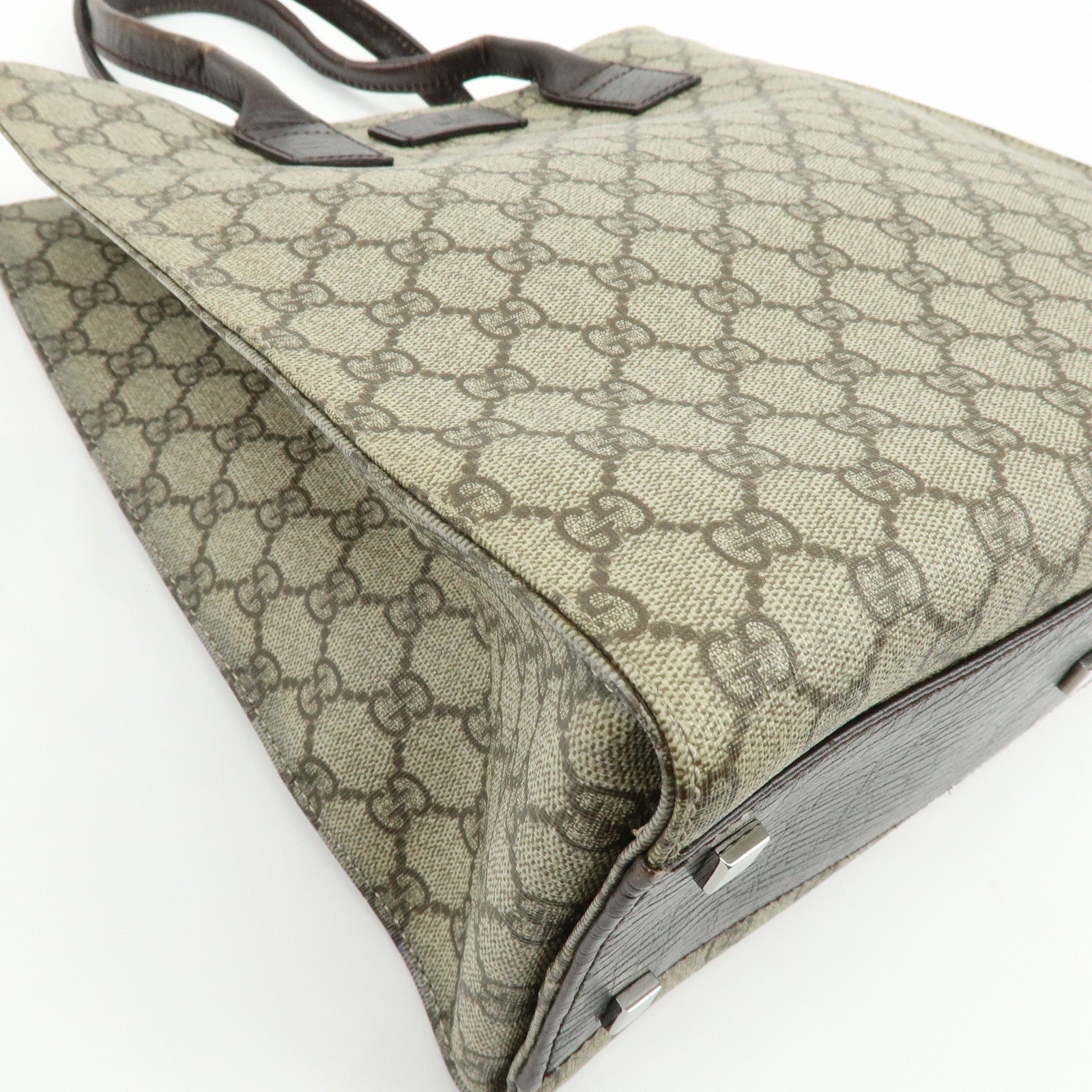 GUCCI GG Supreme Leather Tote Bag Hand Bag Beige Dark Brown 91249